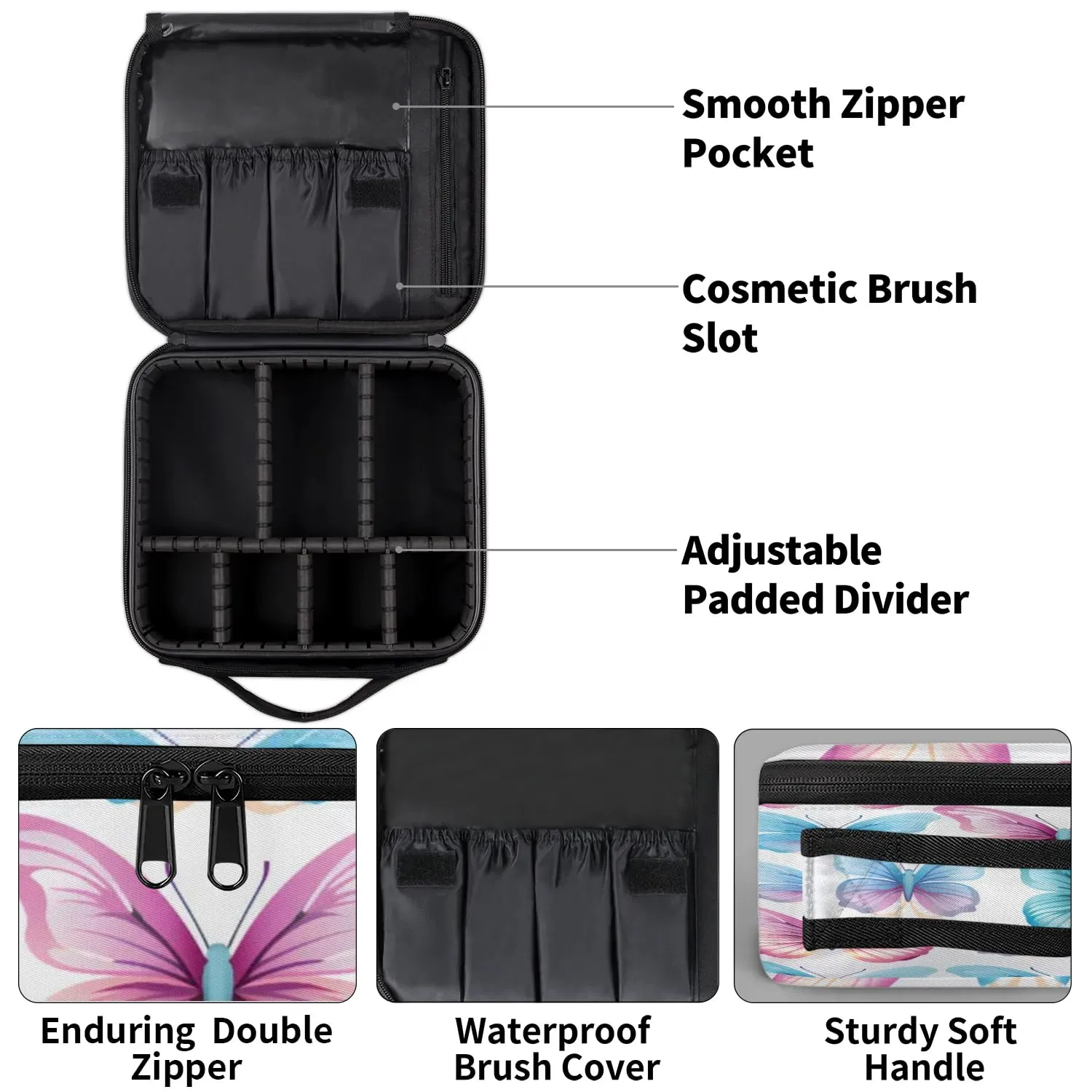 CURLYOOT Butterflies Travel Makeup Train Case Cosmetic Bag Organizer Portable Storage Bag with Adjustable Dividers for Cosmetics Makeup Brushes Toiletry Jewelry