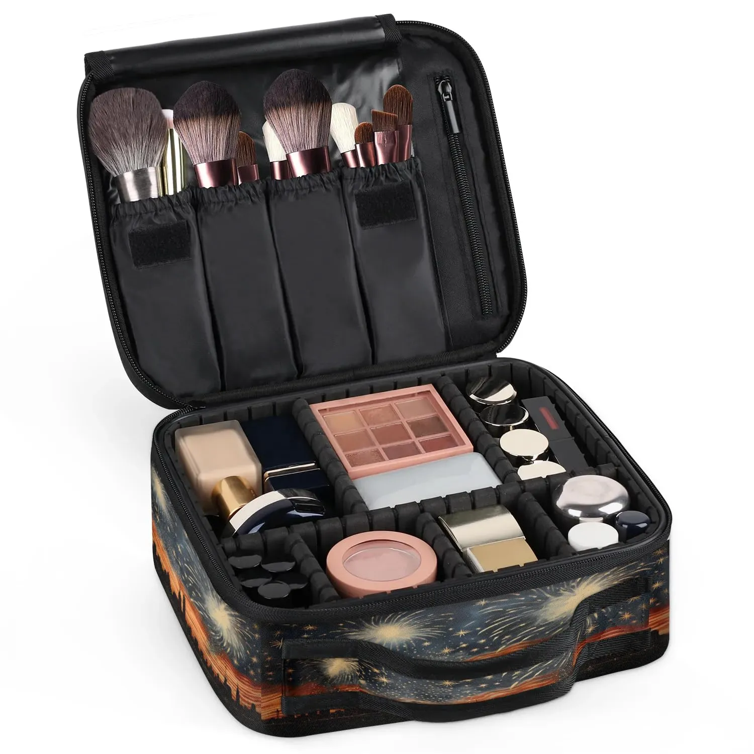 CURLYOOT Explosion Fireworks Travel Makeup Train Case Cosmetic Bag Organizer Portable Storage Bag with Adjustable Dividers for Cosmetics Makeup Brushes Toiletry Jewelry