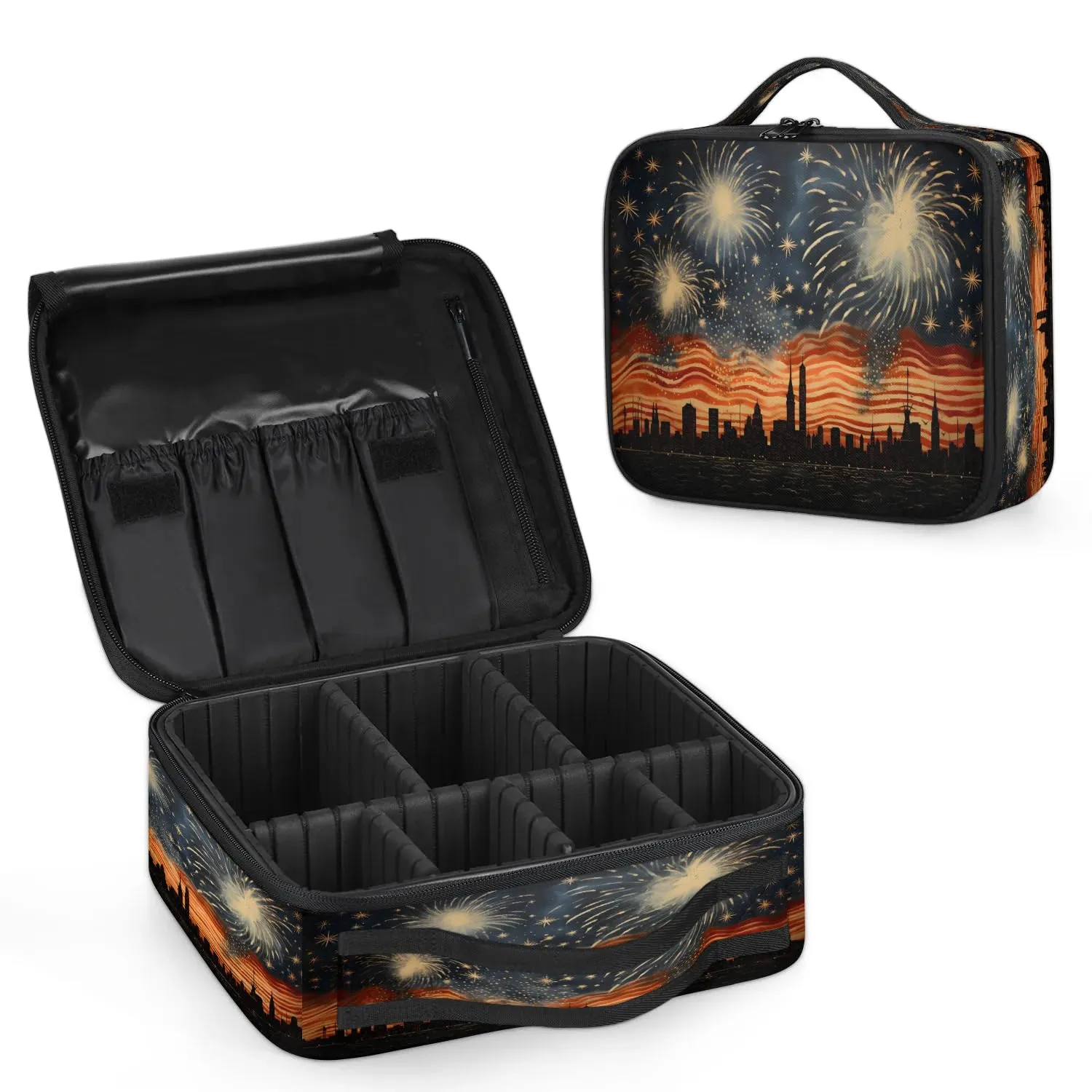 CURLYOOT Explosion Fireworks Travel Makeup Train Case Cosmetic Bag Organizer Portable Storage Bag with Adjustable Dividers for Cosmetics Makeup Brushes Toiletry Jewelry