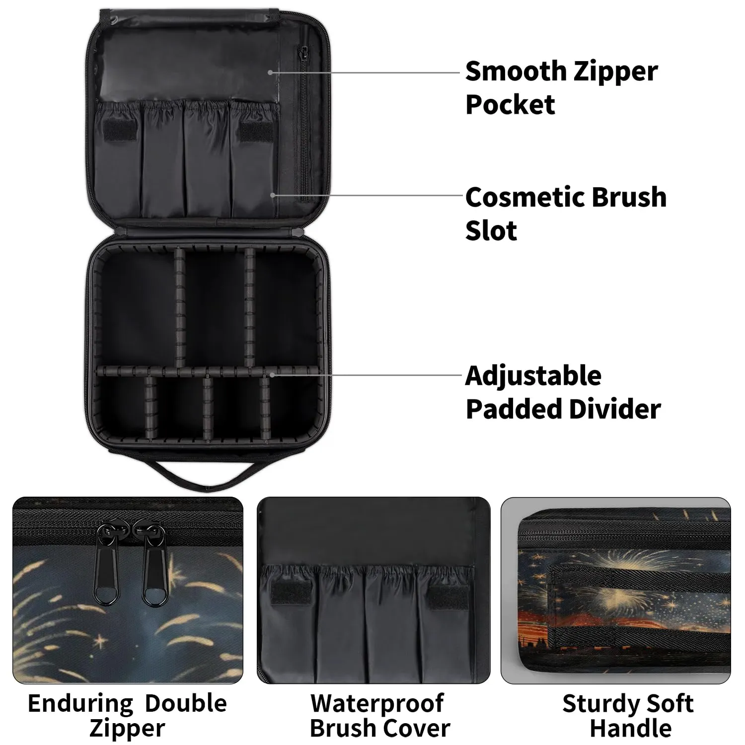 CURLYOOT Explosion Fireworks Travel Makeup Train Case Cosmetic Bag Organizer Portable Storage Bag with Adjustable Dividers for Cosmetics Makeup Brushes Toiletry Jewelry