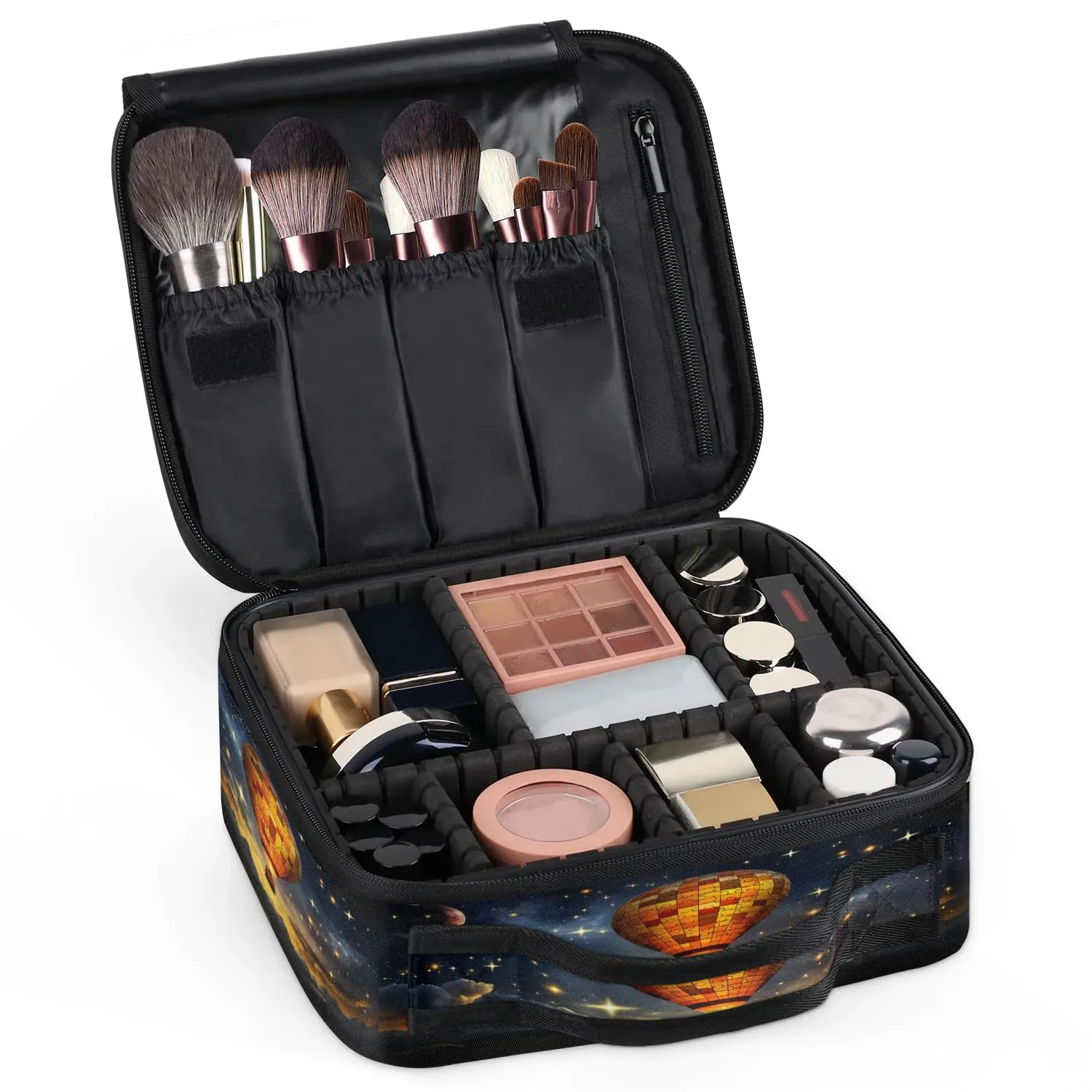 CURLYOOT Hot Air Balloons Landscape Travel Makeup Train Case Cosmetic Bag Organizer Portable Storage Bag with Adjustable Dividers for Cosmetics Makeup Brushes Toiletry Jewelry