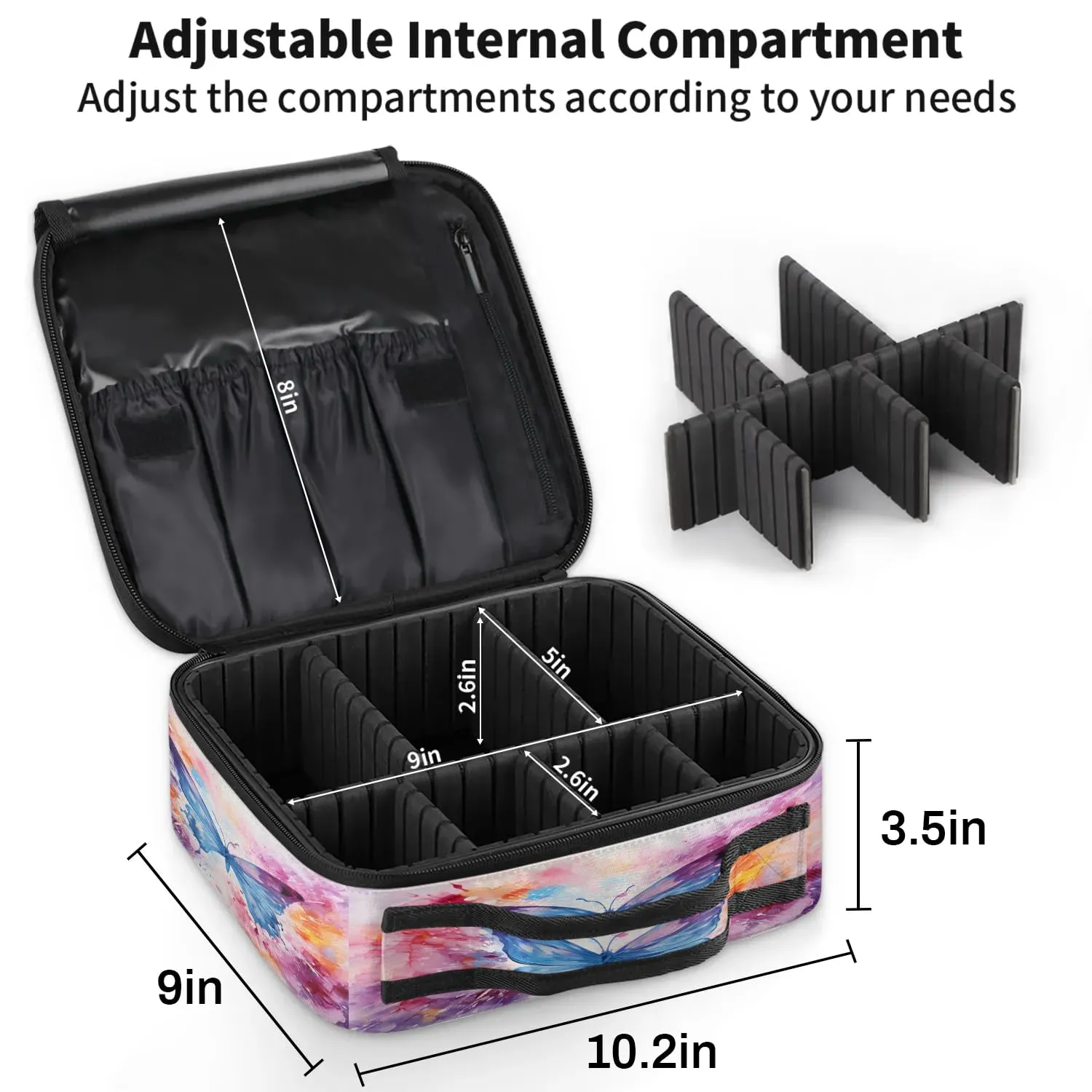 CURLYOOT Purple Butterfly Travel Makeup Train Case Cosmetic Bag Organizer Portable Storage Bag with Adjustable Dividers for Cosmetics Makeup Brushes Toiletry Jewelry