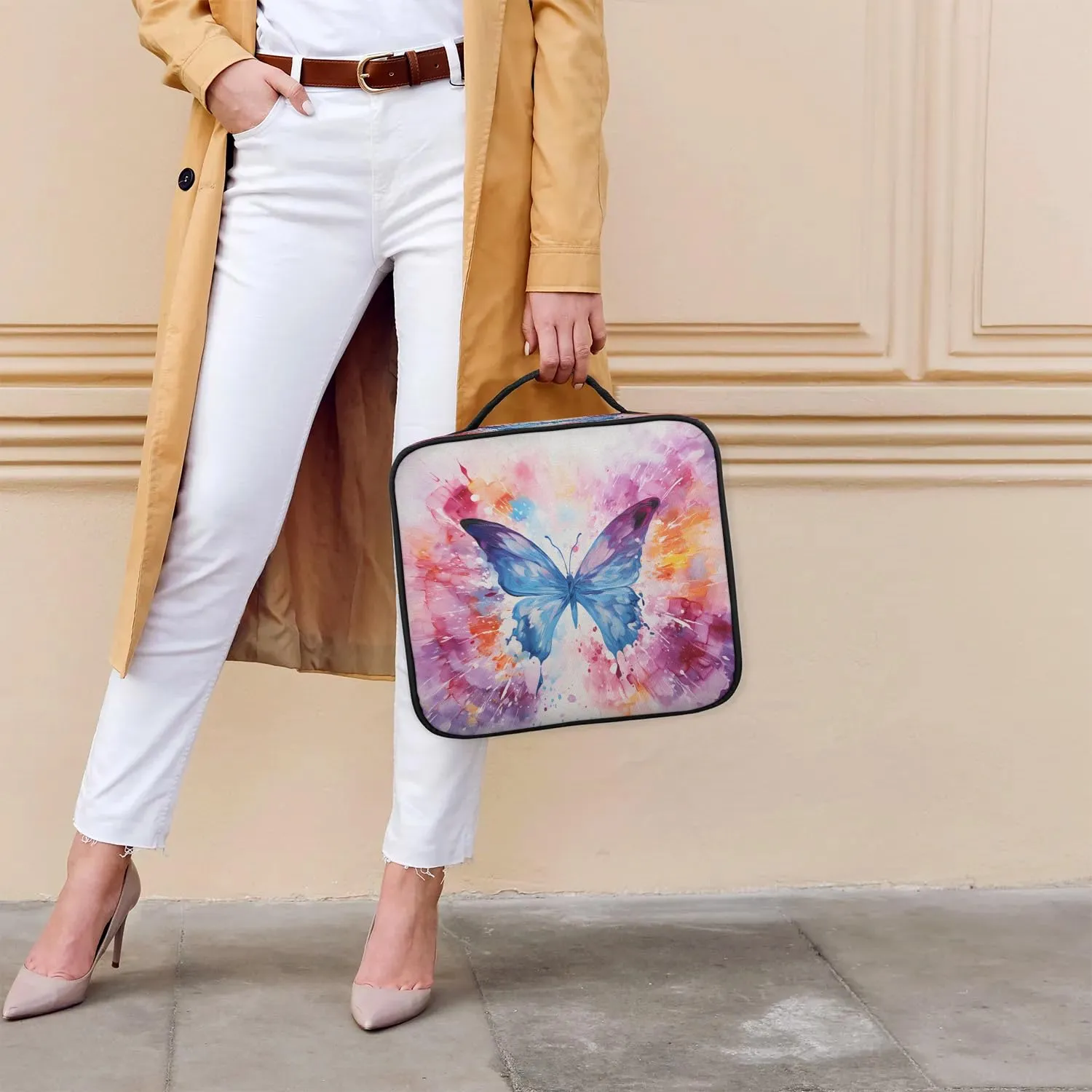 CURLYOOT Purple Butterfly Travel Makeup Train Case Cosmetic Bag Organizer Portable Storage Bag with Adjustable Dividers for Cosmetics Makeup Brushes Toiletry Jewelry