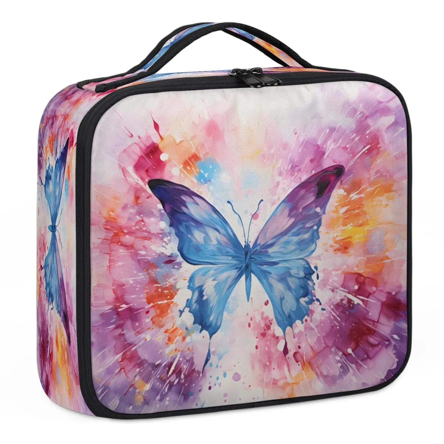 CURLYOOT Purple Butterfly Travel Makeup Train Case Cosmetic Bag Organizer Portable Storage Bag with Adjustable Dividers for Cosmetics Makeup Brushes Toiletry Jewelry