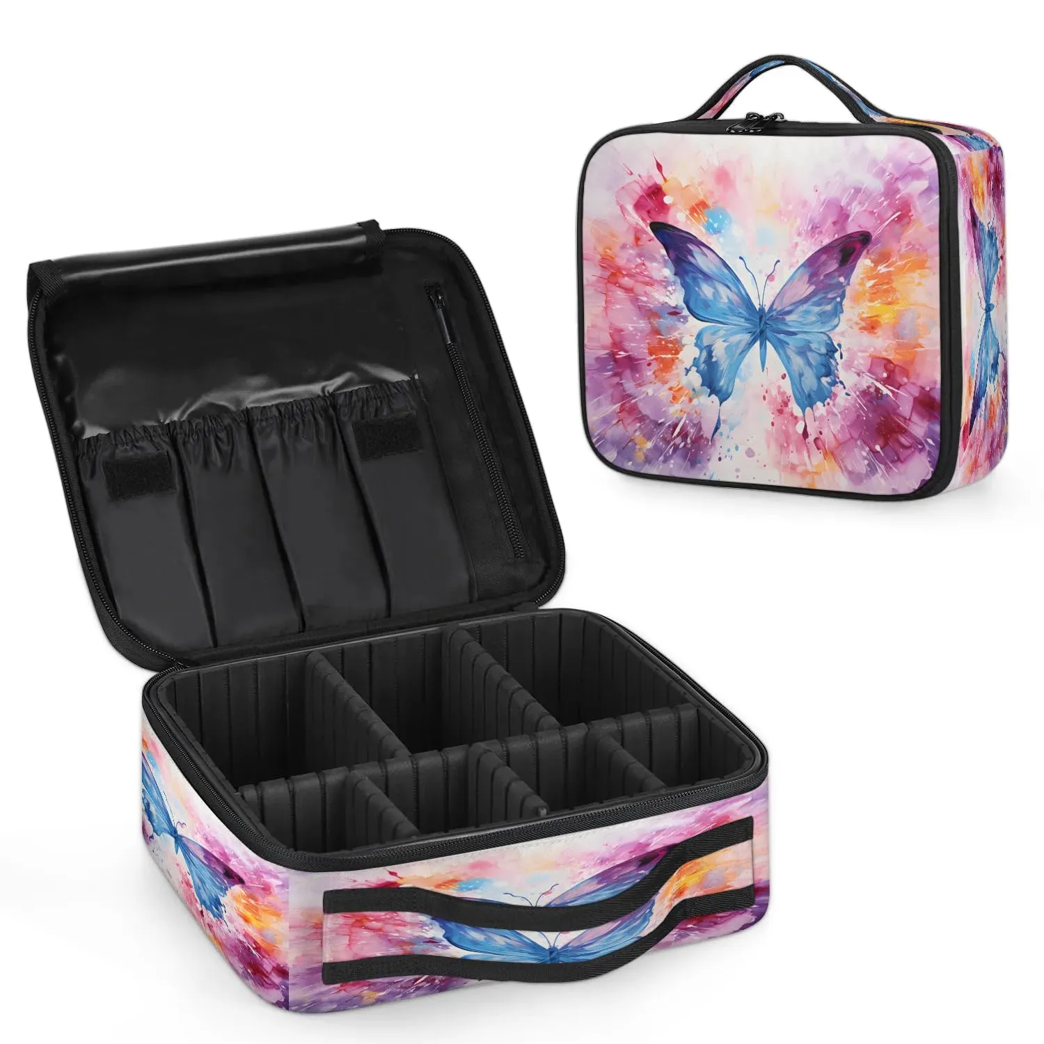 CURLYOOT Purple Butterfly Travel Makeup Train Case Cosmetic Bag Organizer Portable Storage Bag with Adjustable Dividers for Cosmetics Makeup Brushes Toiletry Jewelry