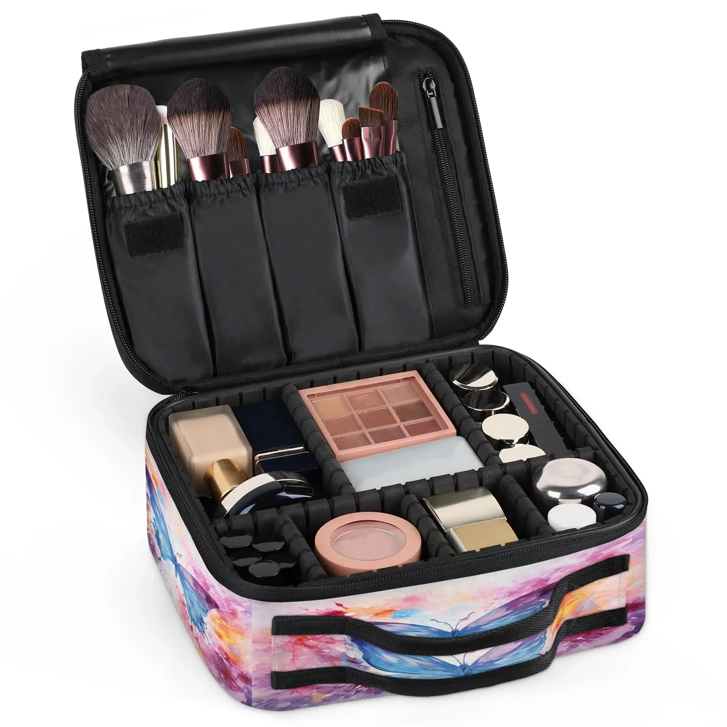 CURLYOOT Purple Butterfly Travel Makeup Train Case Cosmetic Bag Organizer Portable Storage Bag with Adjustable Dividers for Cosmetics Makeup Brushes Toiletry Jewelry