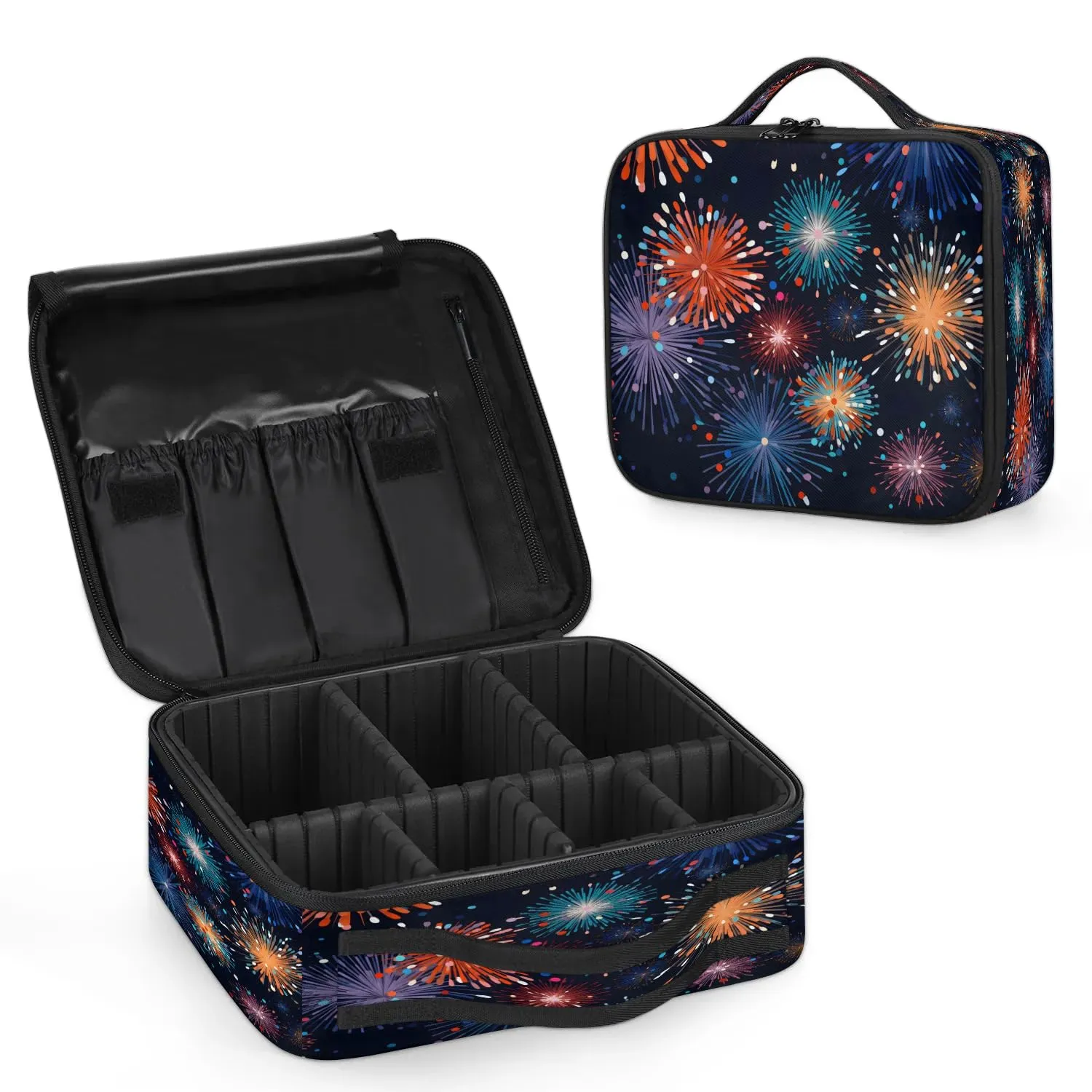 CURLYOOT Splendid Fireworks Travel Makeup Train Case Cosmetic Bag Organizer Portable Storage Bag with Adjustable Dividers for Cosmetics Makeup Brushes Toiletry Jewelry