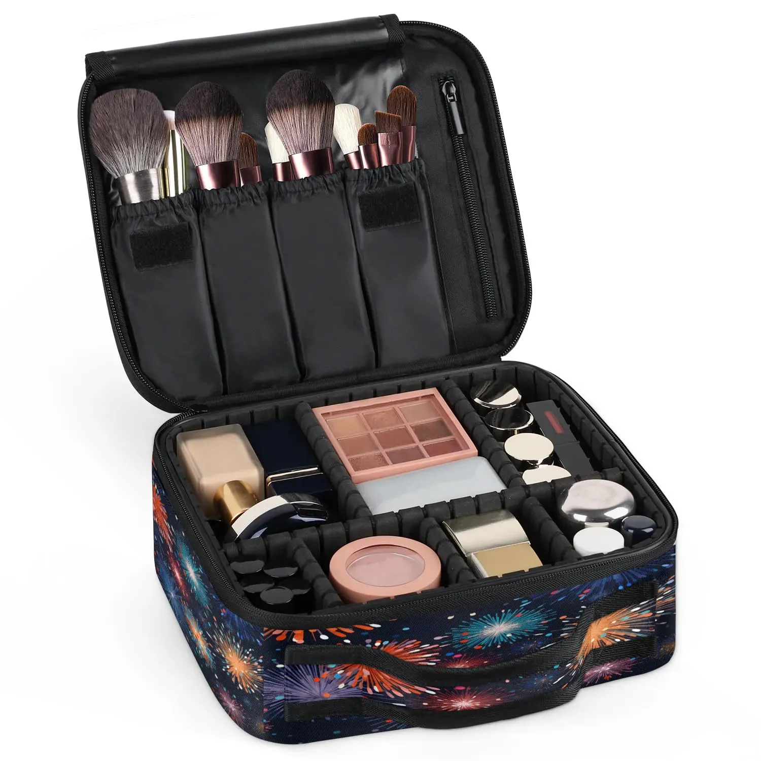 CURLYOOT Splendid Fireworks Travel Makeup Train Case Cosmetic Bag Organizer Portable Storage Bag with Adjustable Dividers for Cosmetics Makeup Brushes Toiletry Jewelry