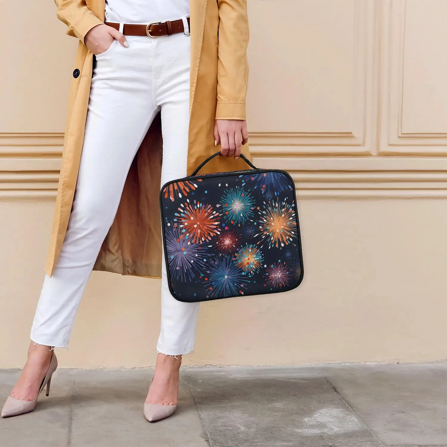 CURLYOOT Splendid Fireworks Travel Makeup Train Case Cosmetic Bag Organizer Portable Storage Bag with Adjustable Dividers for Cosmetics Makeup Brushes Toiletry Jewelry
