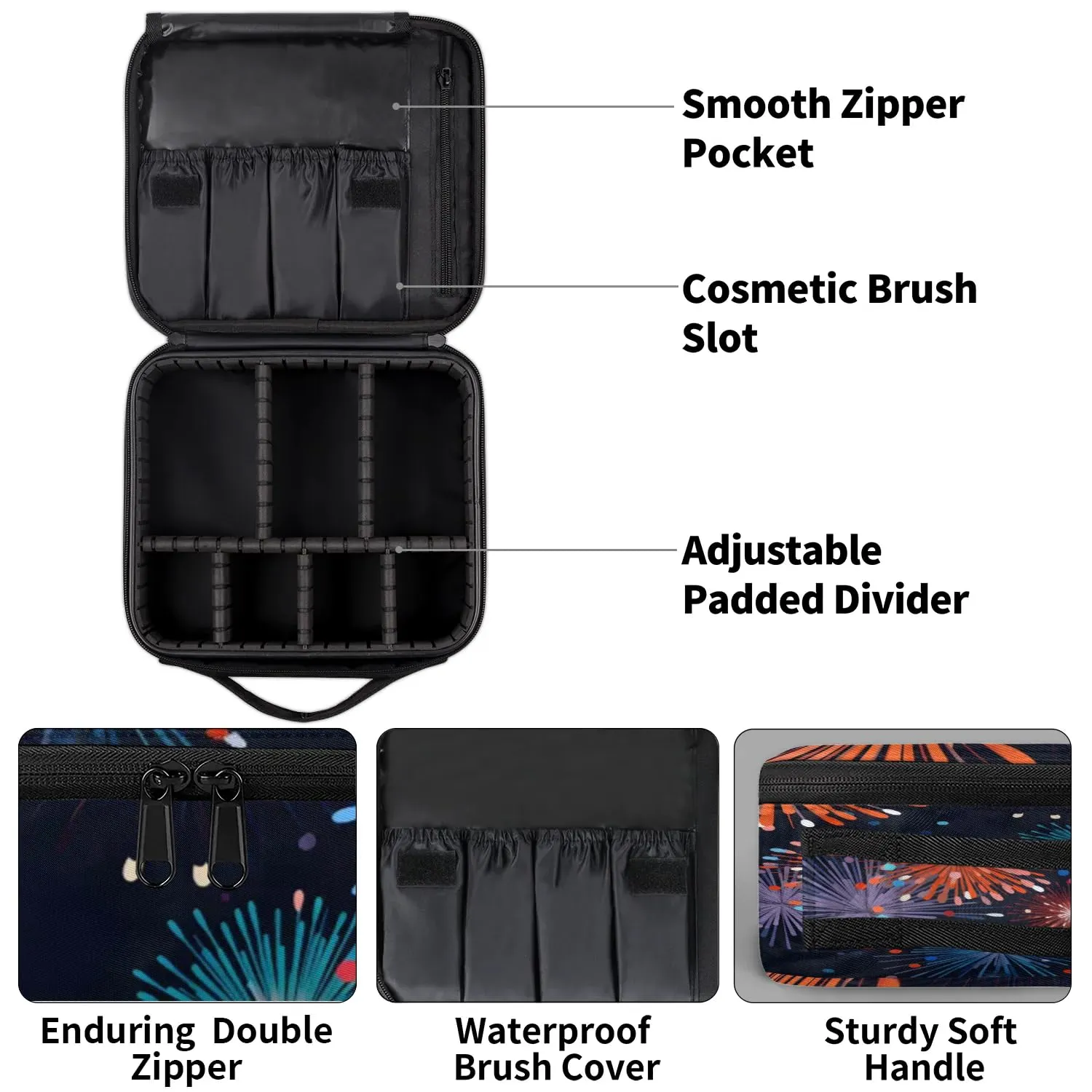 CURLYOOT Splendid Fireworks Travel Makeup Train Case Cosmetic Bag Organizer Portable Storage Bag with Adjustable Dividers for Cosmetics Makeup Brushes Toiletry Jewelry