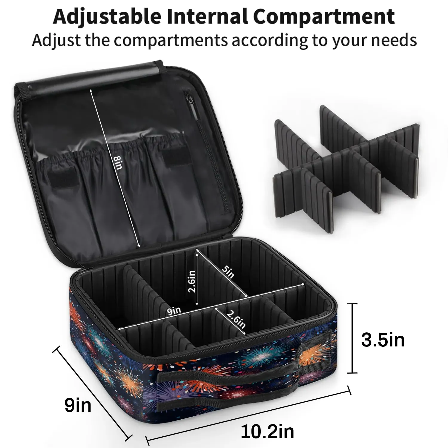 CURLYOOT Splendid Fireworks Travel Makeup Train Case Cosmetic Bag Organizer Portable Storage Bag with Adjustable Dividers for Cosmetics Makeup Brushes Toiletry Jewelry