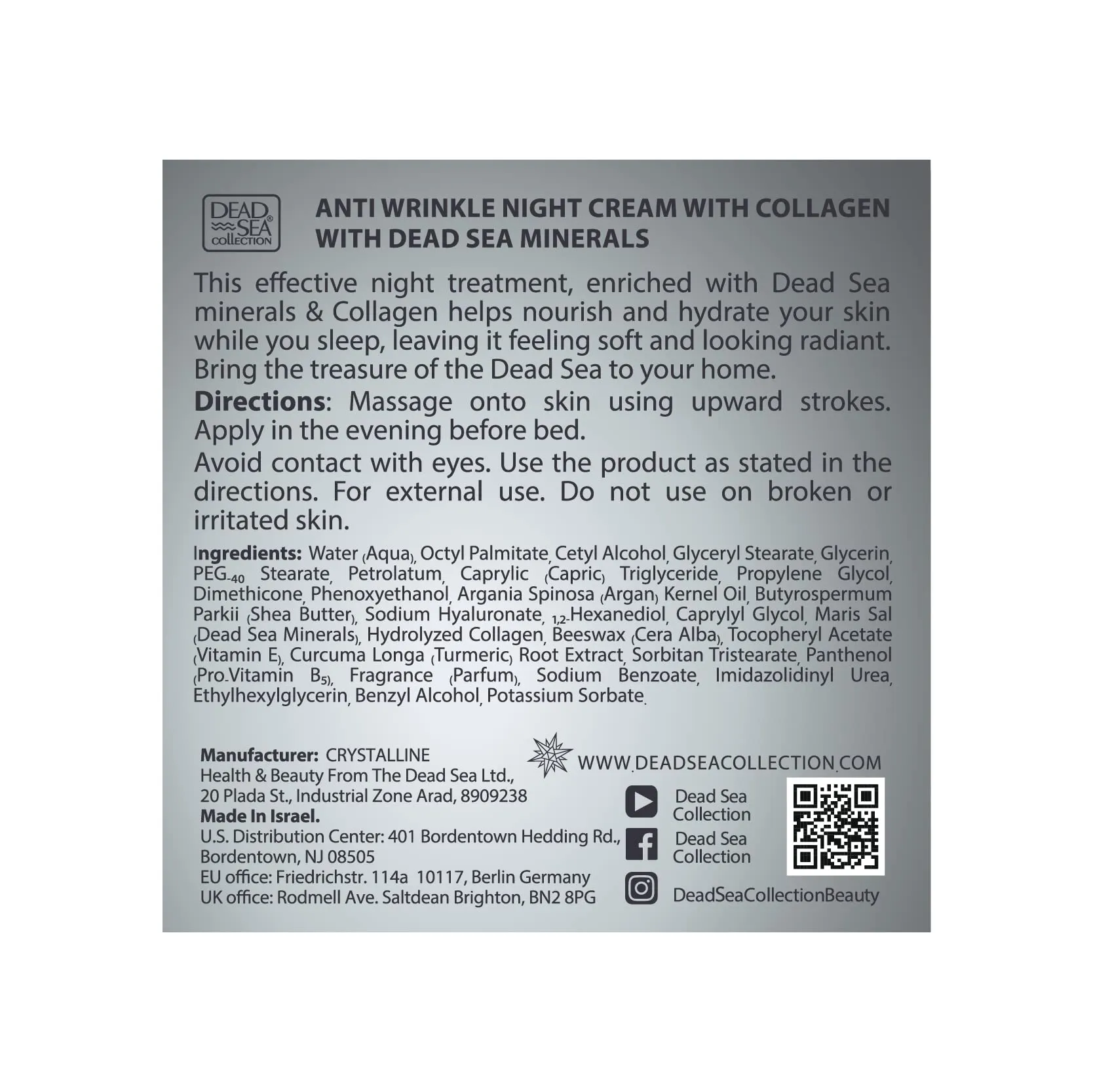 Dead Sea Collection Anti-Wrinkle Night Cream for Face with Collagen and Sea Minerals - Nourishing and Moisturizer Face Cream (1.69 fl.oz)