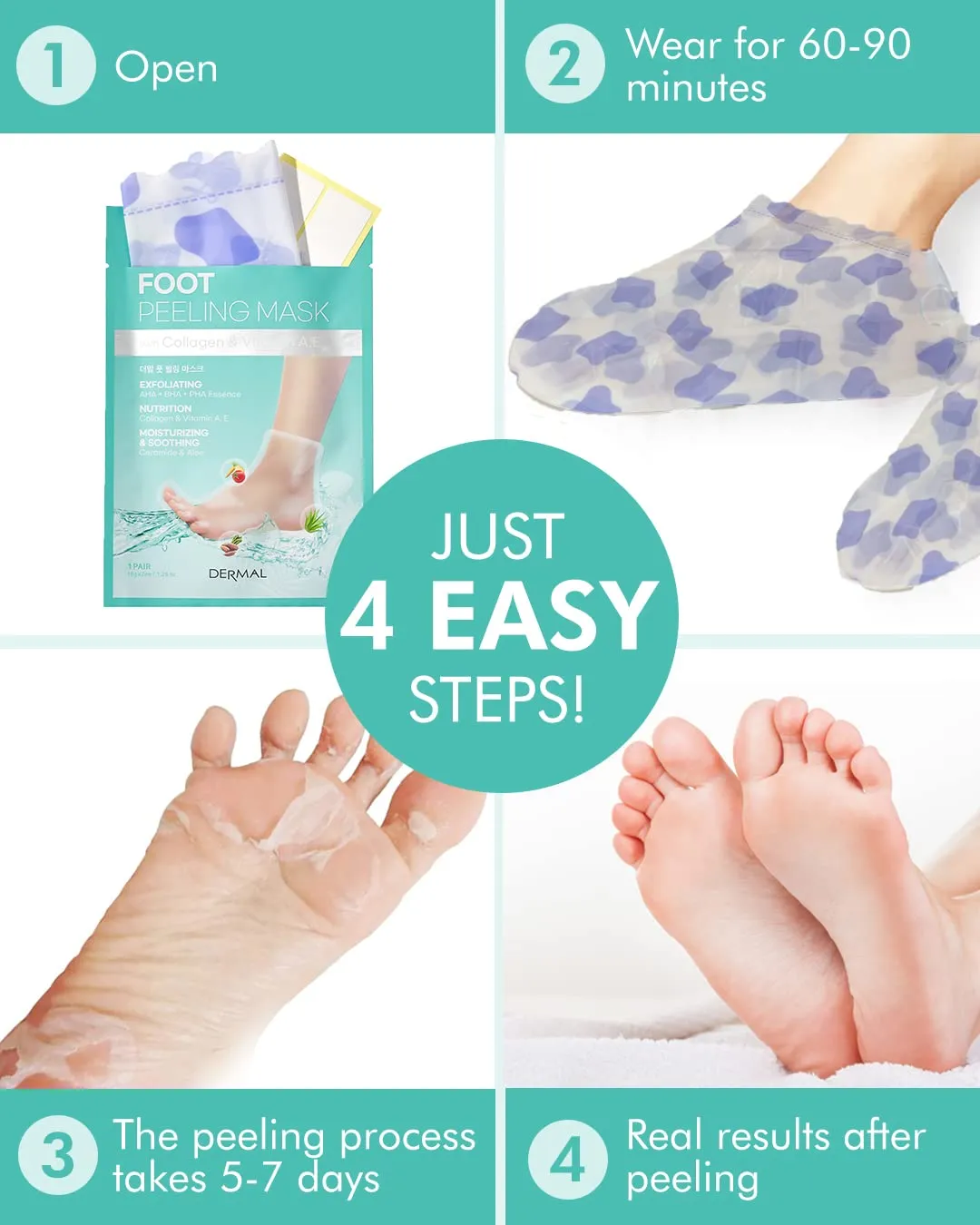 DERMAL KOREA Foot Peeling Mask 3 Pack For Dry Foot And Cracked Heel & Callus With Aloe Vera And Collagen - Exfoliating Peel Mask With Aha, Bha, & Pha And For Moisturizing, Soothing & Refreshing Feet