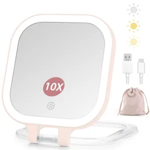 DESCHEN Rechargeable Travel Makeup Vanity Mirror with Lights and Magnification, Portable 1X/10X Magnifying Mirror with 3 Color Light, Lighted Makeup Mirror with Magnification (Pink)
