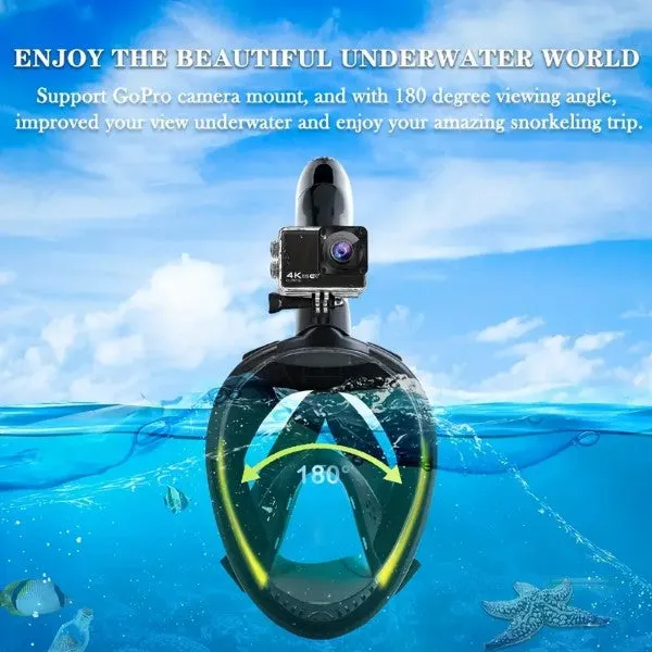 Diving Y3's Full-Face Snorkeling & Diving Mask 180° Panoramic View Anti-Fog BLACK