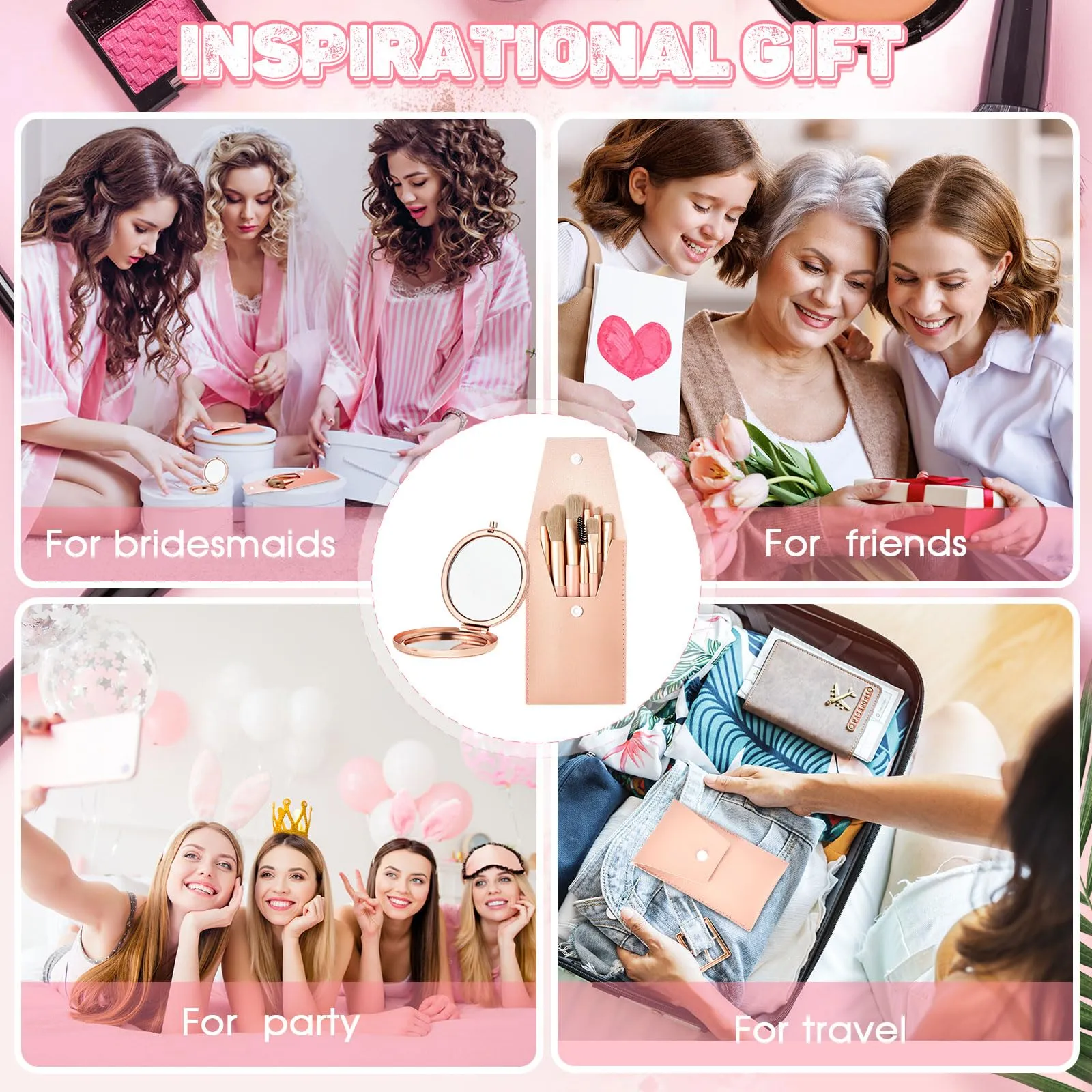 Domensi 8 Set Mini Travel Makeup Brush Set bulk makeup brushes with Bag Bridesmaid Mirrors Wedding Gift Magnifying Compact Pocket Mirror for Women Bridal Shower Proposal Party Favors