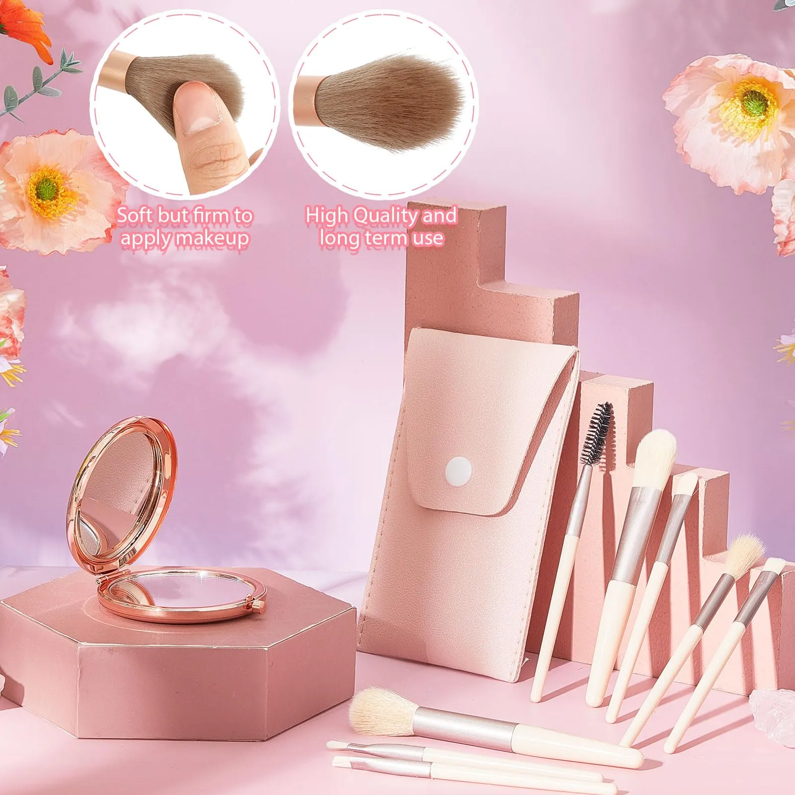 Domensi 8 Set Mini Travel Makeup Brush Set bulk makeup brushes with Bag Bridesmaid Mirrors Wedding Gift Magnifying Compact Pocket Mirror for Women Bridal Shower Proposal Party Favors