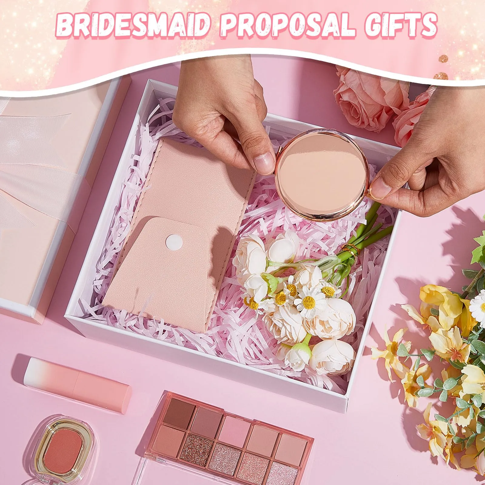 Domensi 8 Set Mini Travel Makeup Brush Set bulk makeup brushes with Bag Bridesmaid Mirrors Wedding Gift Magnifying Compact Pocket Mirror for Women Bridal Shower Proposal Party Favors