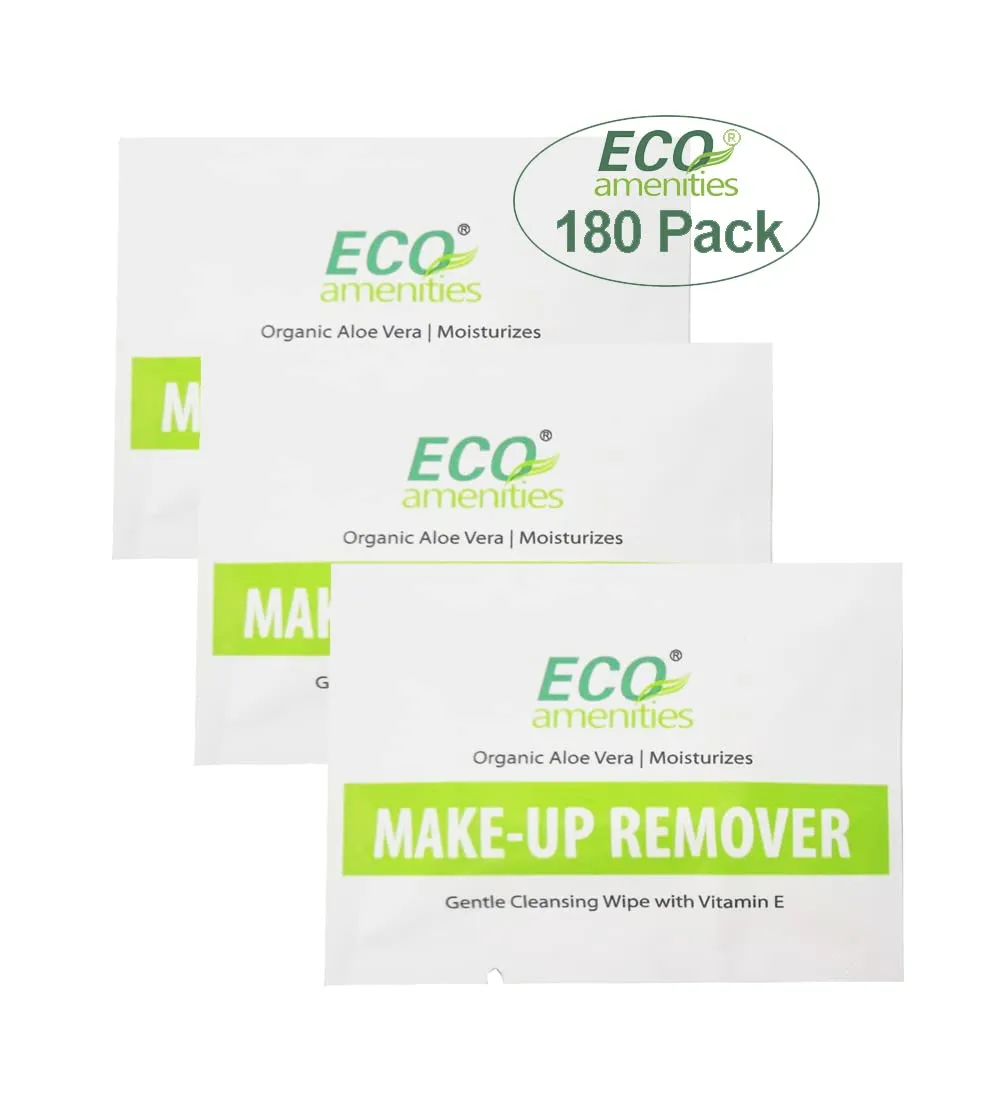 ECO Amenities 180 Count Makeup Remover Wipes with Aloe Vera and Vitamin E Individually Wrapped Facial Towelettes Skin Cleansing Wipes