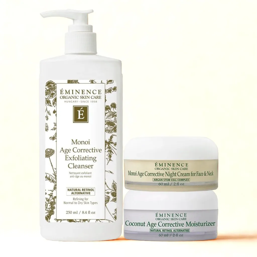 Eminence Organics Complete Anti-Aging Routine (Coconut Age Corrective Moisturizer  Monoi Age Corrective Exfoliating Cleanser   Monoi Age Corrective Night Cream for Face & Neck)