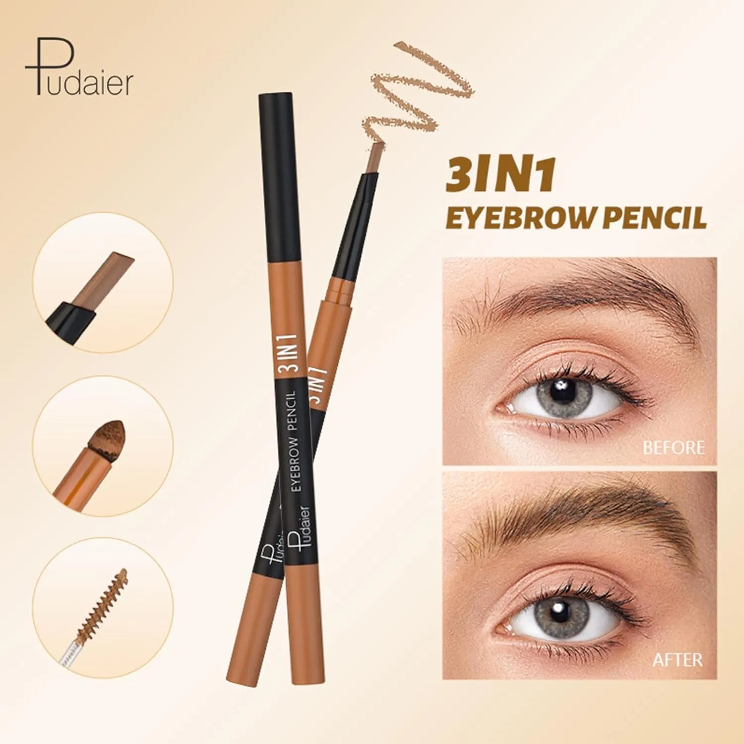 Eyebrow Pencils for Women, Just One Brow Pencil to Create Your Perfect Eyebrow, Fine Crafted Eyebrow Shape, Making Eyebrows Dense and Lively, 3 in 1 Design (Natural Brown)