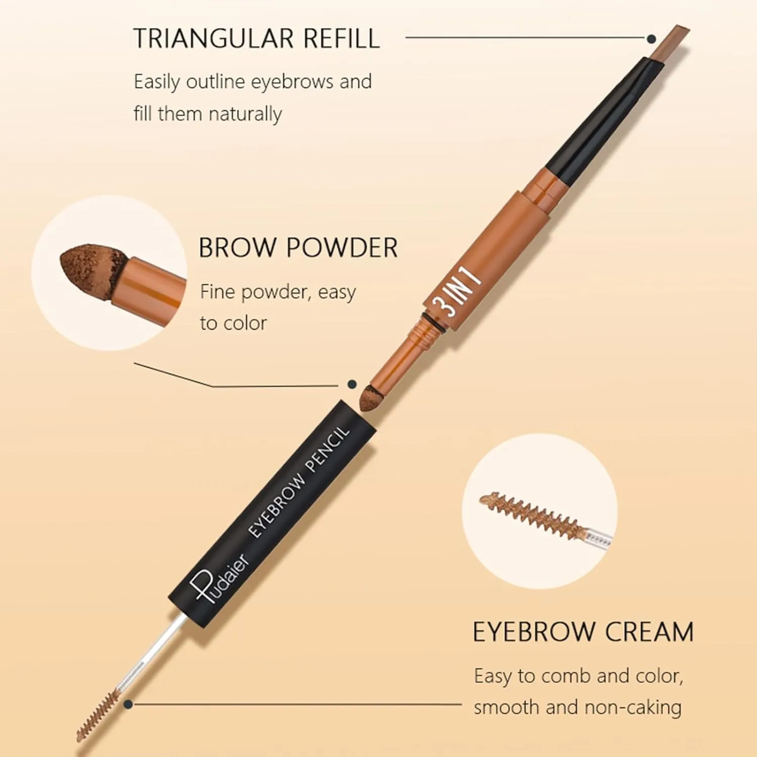 Eyebrow Pencils for Women, Just One Brow Pencil to Create Your Perfect Eyebrow, Fine Crafted Eyebrow Shape, Making Eyebrows Dense and Lively, 3 in 1 Design (Natural Brown)
