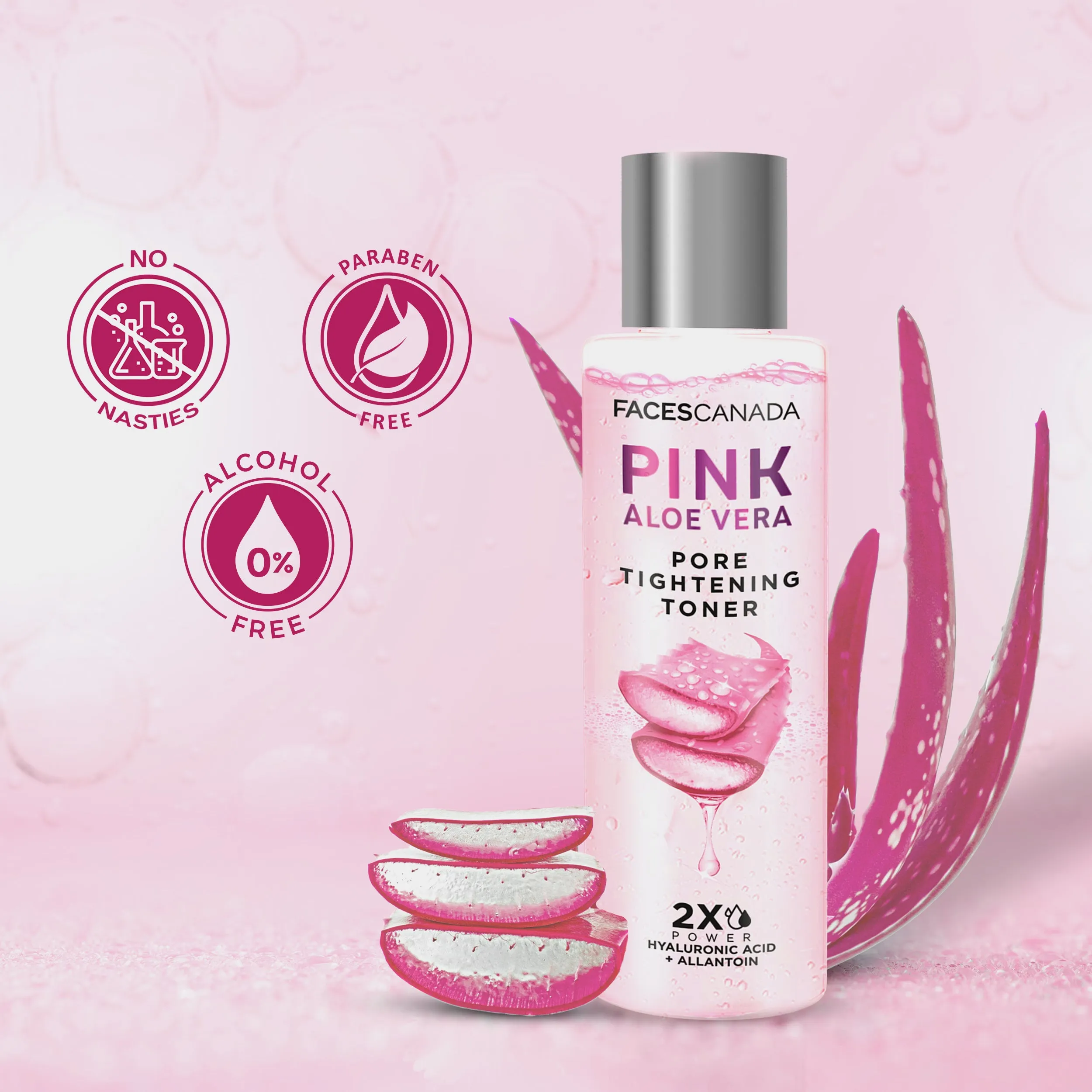 FACES CANADA Pink Aloe Vera Pore Tightening Toner, 100ml | Allantoin & Hyaluronic Acid | Hydrating & Deep Cleansing | Skin Soothing, Reduces Puffiness | No Alcohol & Parabens | Vegan