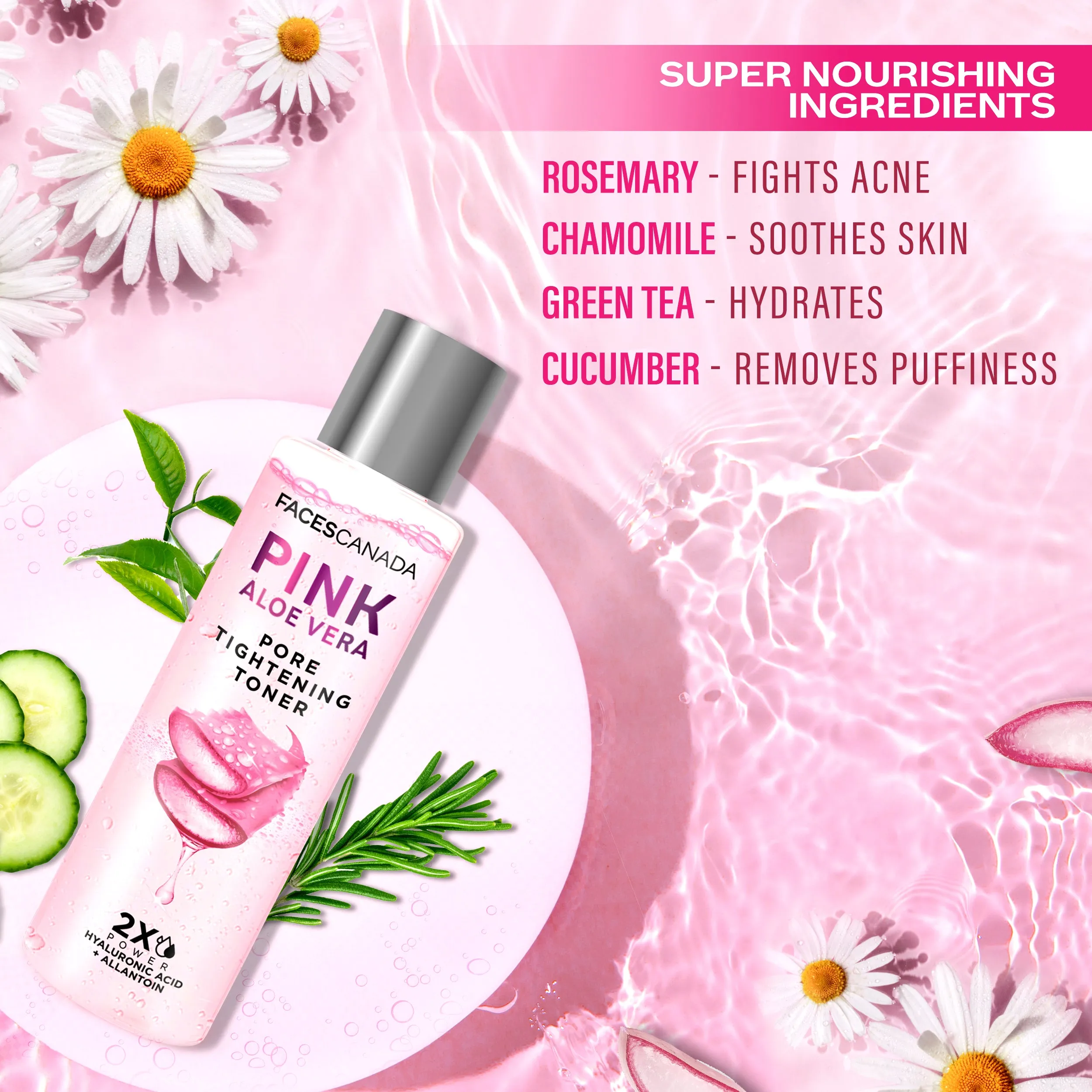 FACES CANADA Pink Aloe Vera Pore Tightening Toner, 100ml | Allantoin & Hyaluronic Acid | Hydrating & Deep Cleansing | Skin Soothing, Reduces Puffiness | No Alcohol & Parabens | Vegan