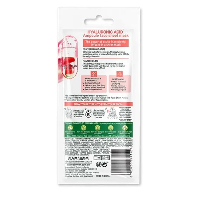 Garnier Skin Active Hyaluronic Acid Firming Ampoule Face Sheet Mask - Watermelon Extract