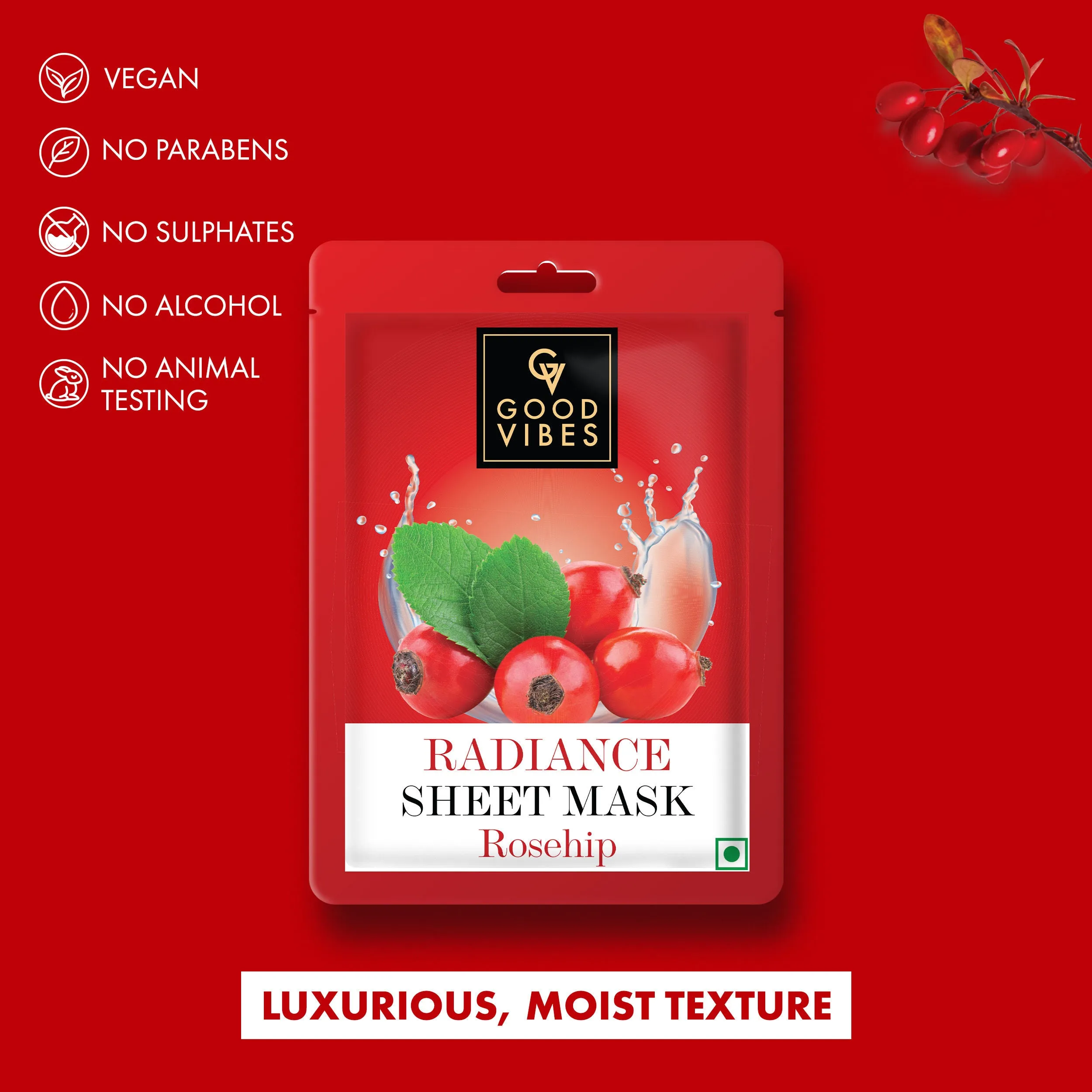Good Vibes Rosehip Radiance Sheet Mask | Glowing, Moisturizing | Vegan, No Parabens, No Sulphates, No Alcohol, No Animal Testing (20 ml)
