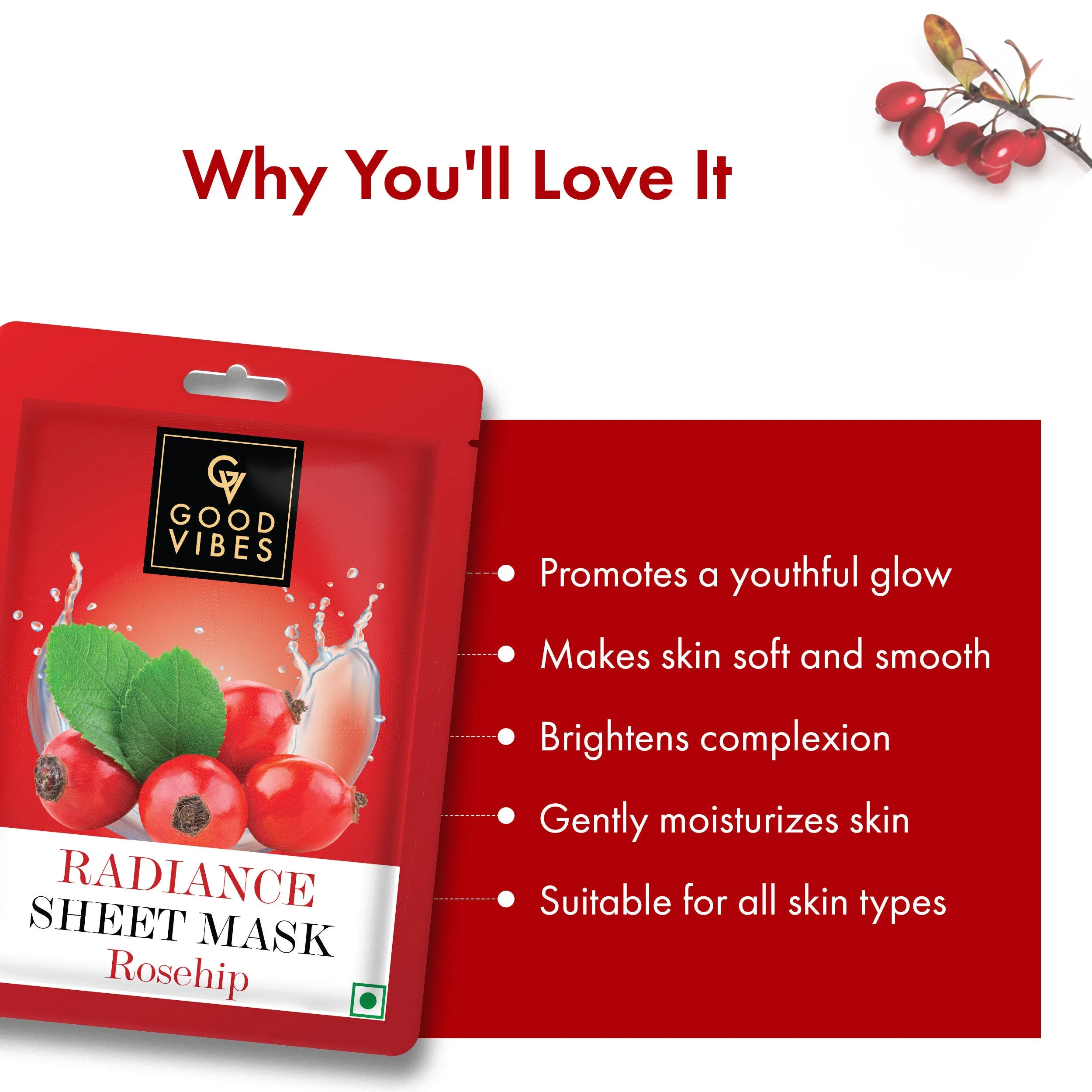 Good Vibes Rosehip Radiance Sheet Mask | Glowing, Moisturizing | Vegan, No Parabens, No Sulphates, No Alcohol, No Animal Testing (20 ml)