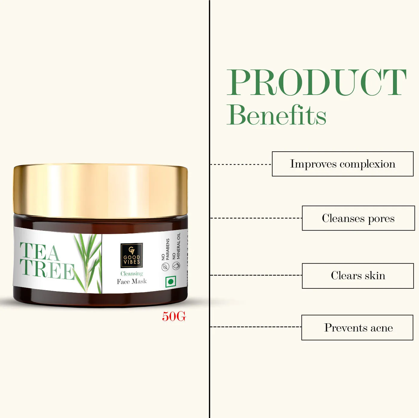 Good Vibes Tea Tree Cleansing Mask | Anti-Acne, Cleansing, Soothing | No Parabens, No Sulphates, No Mineral Oil, No Animal Testing (50 g)