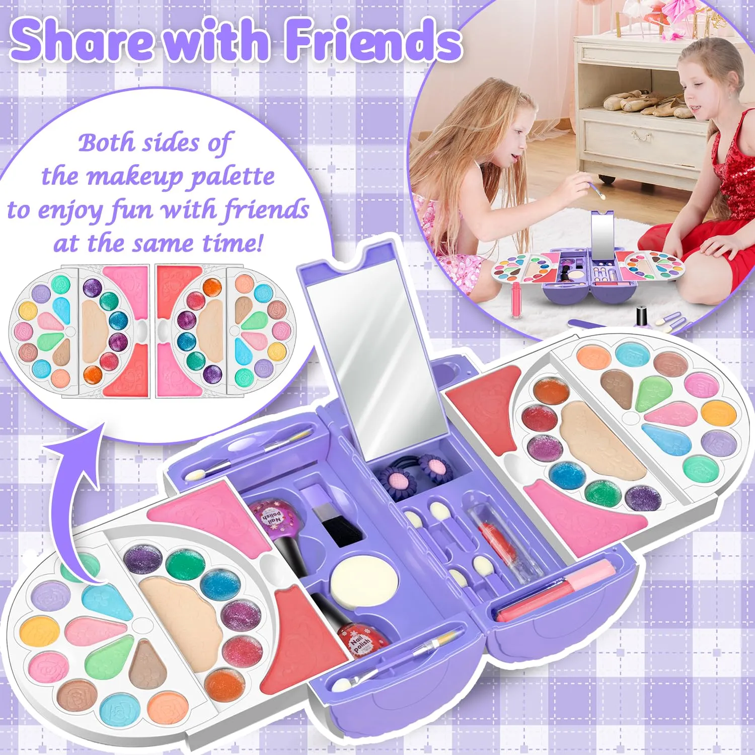 Hollyhi 56Pcs Kids Makeup Kit for Girl, Washable Real Play Makeup Toy Set with Cosmetic Case for Girl Toys, Toddler Make up Toys Birthday Gifts for Kids Age 3 4 5 6 7 8 9 10 11 12 Years Old (Purple)