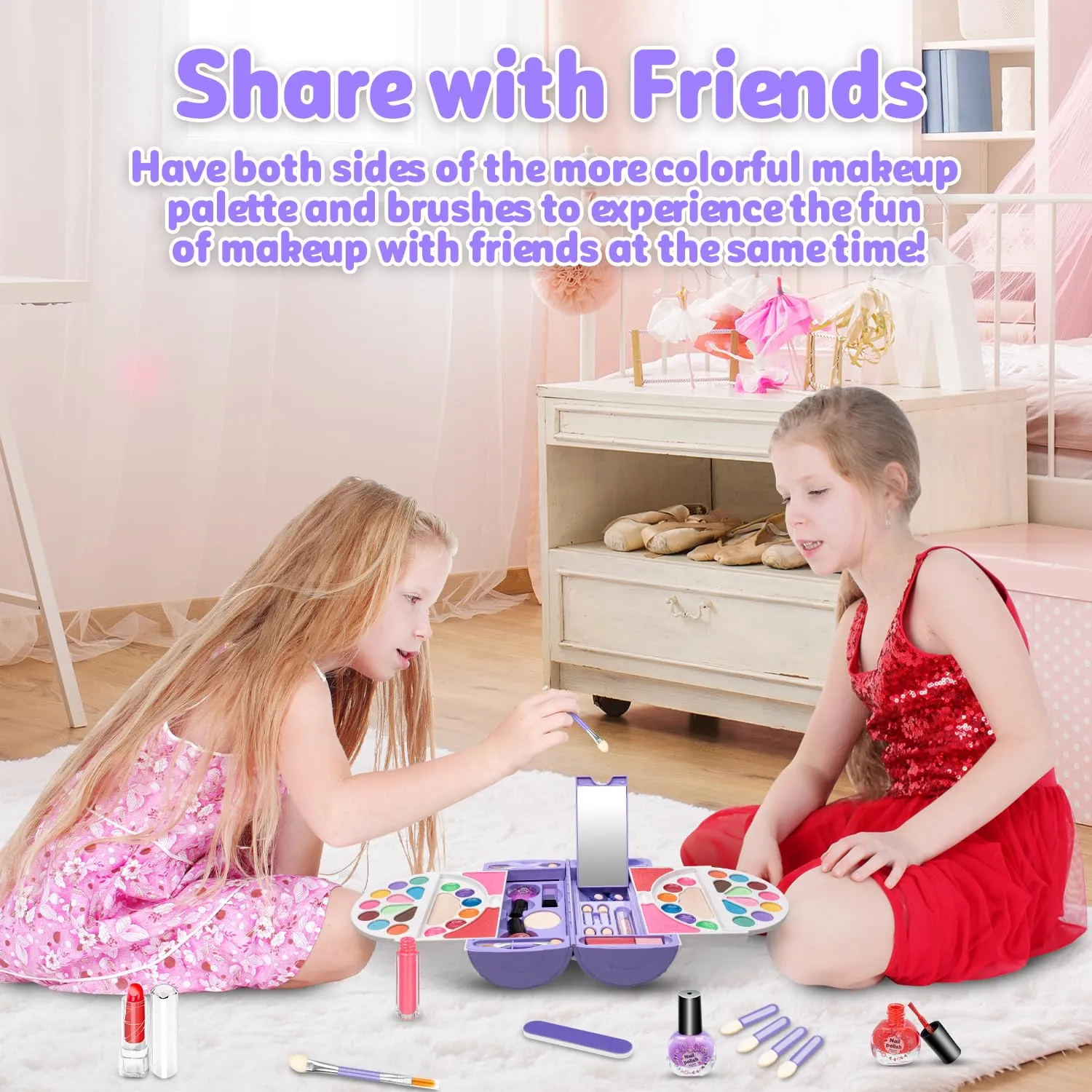 Hollyhi 56Pcs Kids Makeup Kit for Girl, Washable Real Play Makeup Toy Set with Cosmetic Case for Girl Toys, Toddler Make up Toys Birthday Gifts for Kids Age 3 4 5 6 7 8 9 10 11 12 Years Old (Purple)