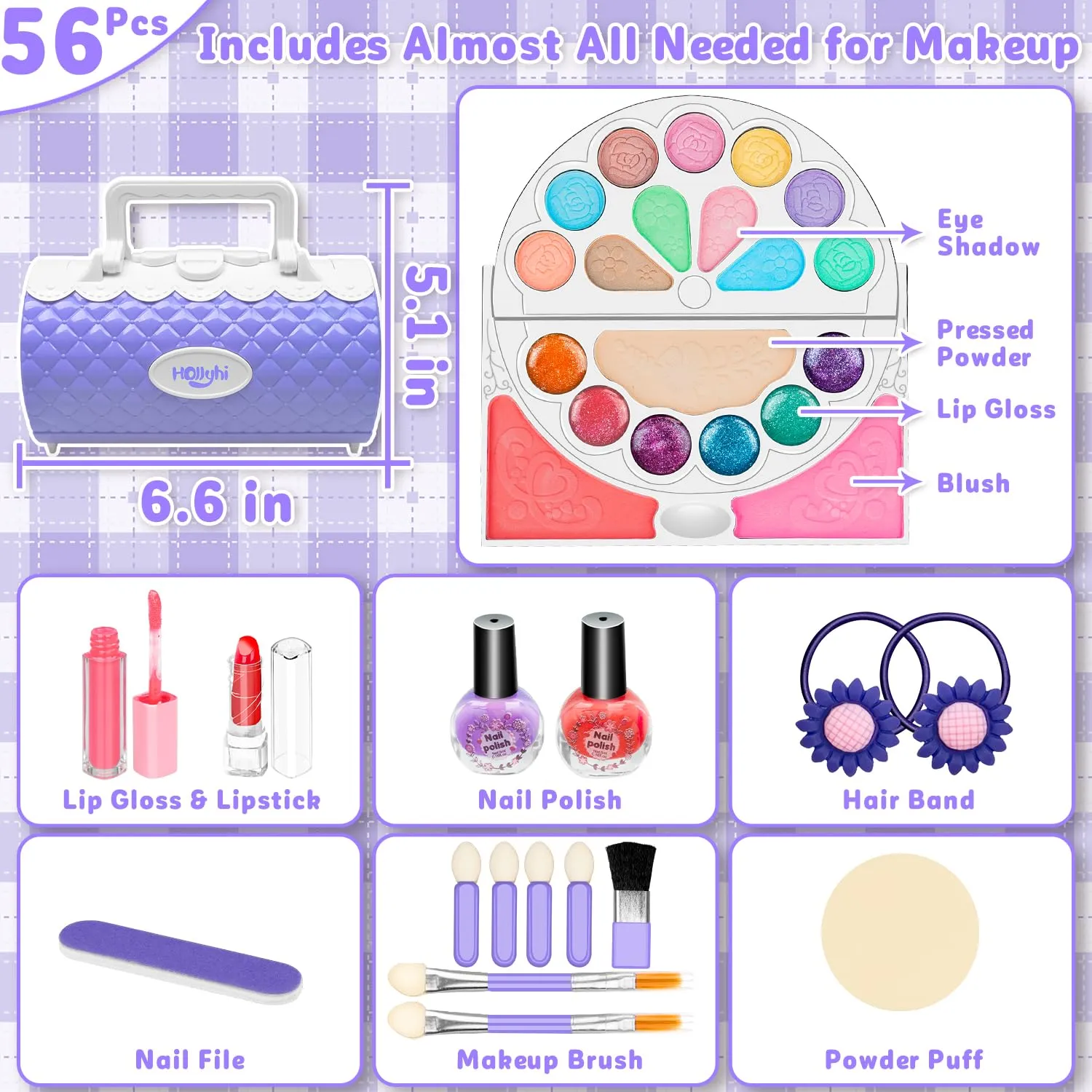 Hollyhi 56Pcs Kids Makeup Kit for Girl, Washable Real Play Makeup Toy Set with Cosmetic Case for Girl Toys, Toddler Make up Toys Birthday Gifts for Kids Age 3 4 5 6 7 8 9 10 11 12 Years Old (Purple)