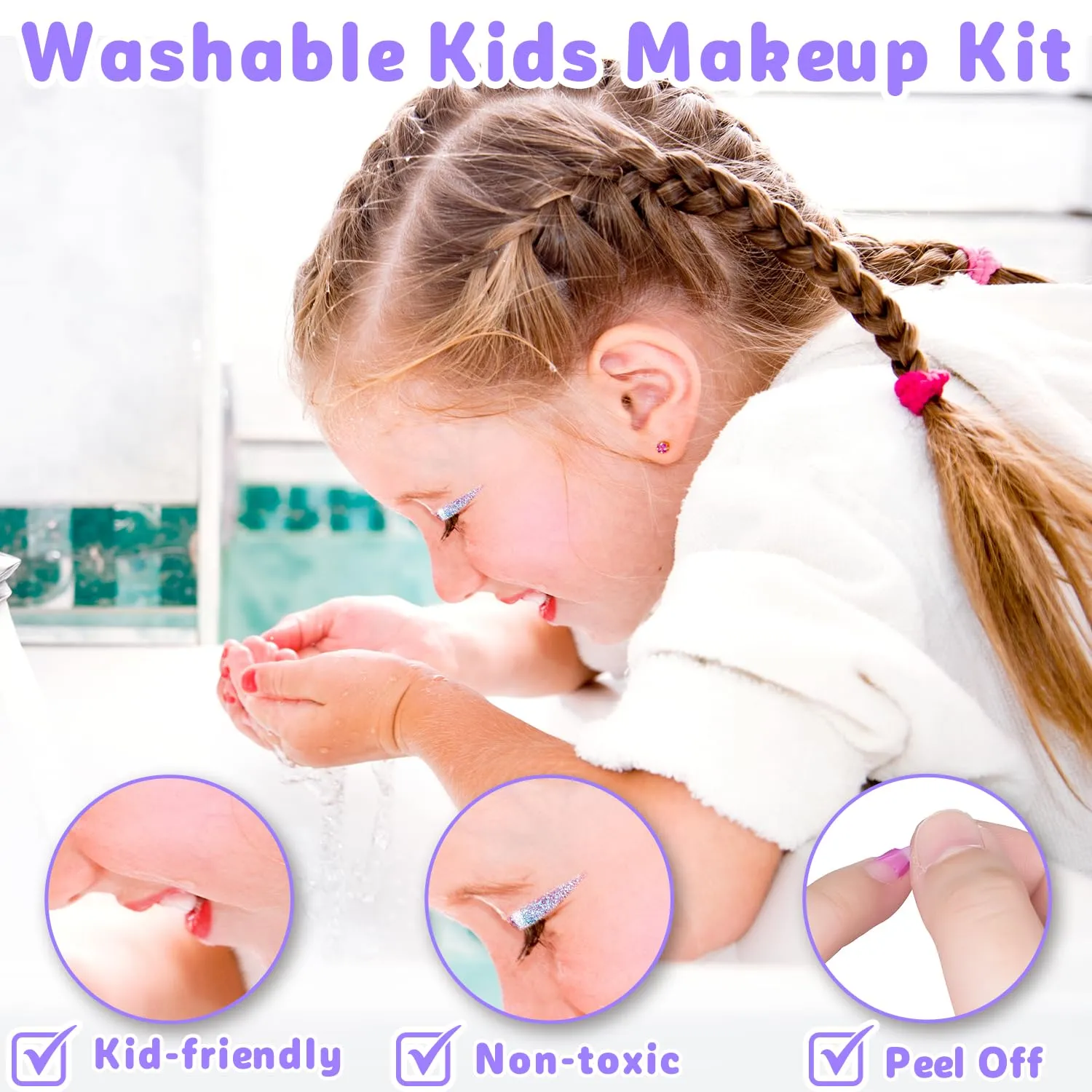 Hollyhi 56Pcs Kids Makeup Kit for Girl, Washable Real Play Makeup Toy Set with Cosmetic Case for Girl Toys, Toddler Make up Toys Birthday Gifts for Kids Age 3 4 5 6 7 8 9 10 11 12 Years Old (Purple)