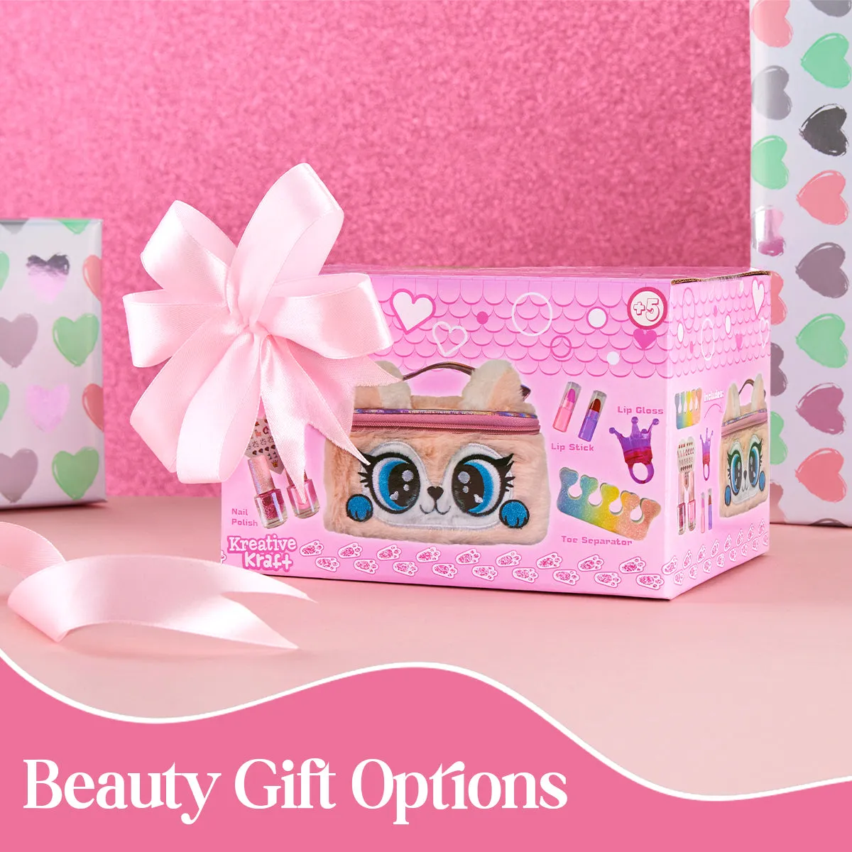 Kids Makeup Sets for Girls - Plush Beauty Case with Nail Varnish & Lipgloss - Pink