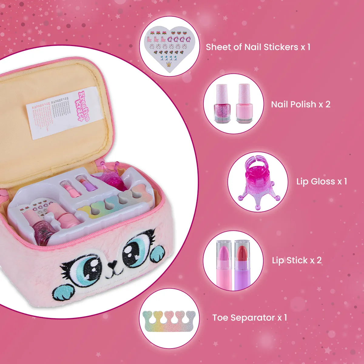 Kids Makeup Sets for Girls - Plush Beauty Case with Nail Varnish & Lipgloss - Pink