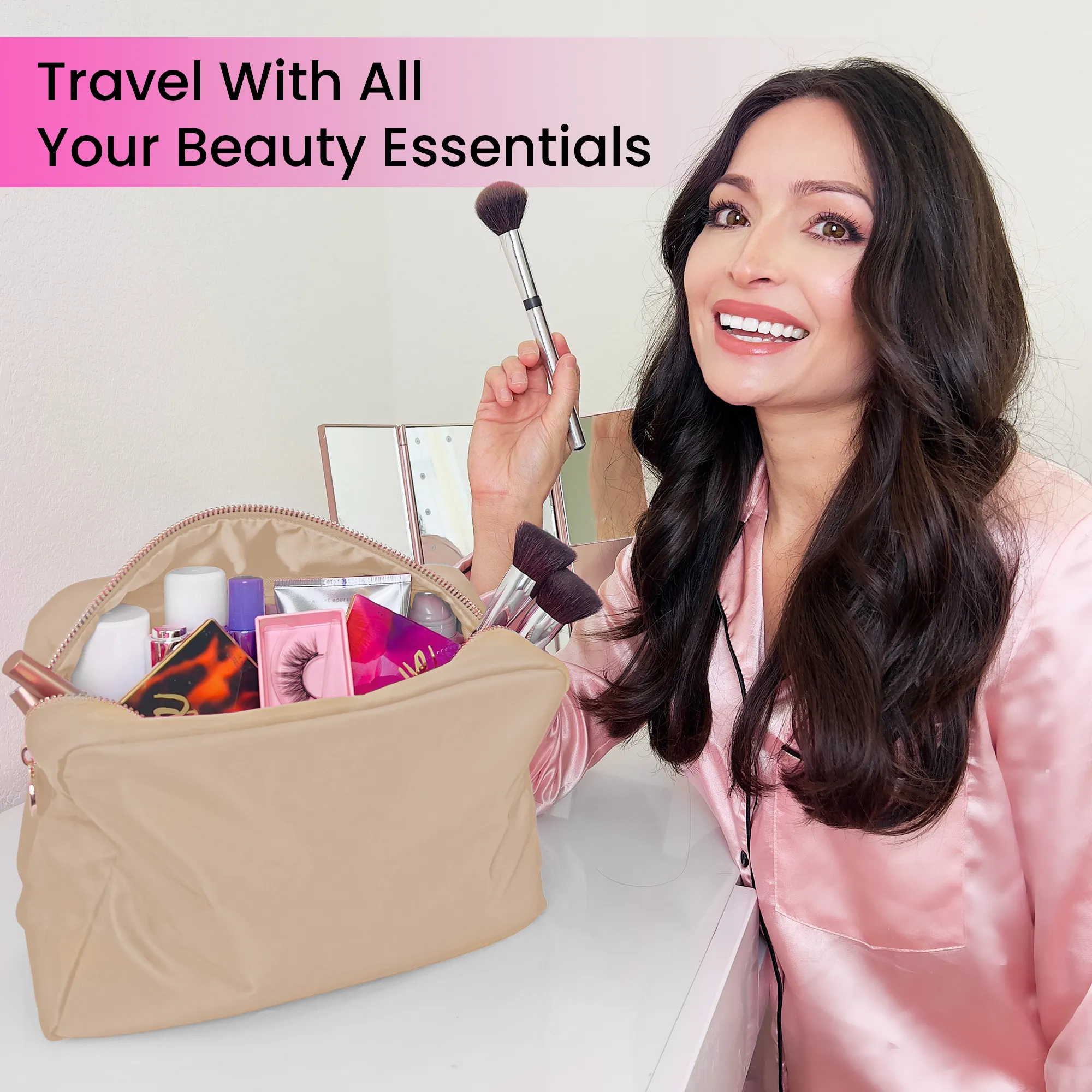 Large Makeup Bag Beige - Travel Toiletry Bag For Women