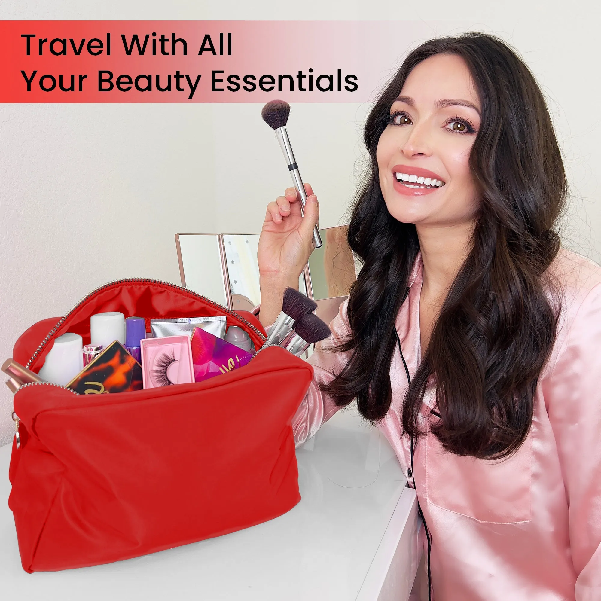 Large Makeup Bag Red - Travel Toiletry Bag For Women