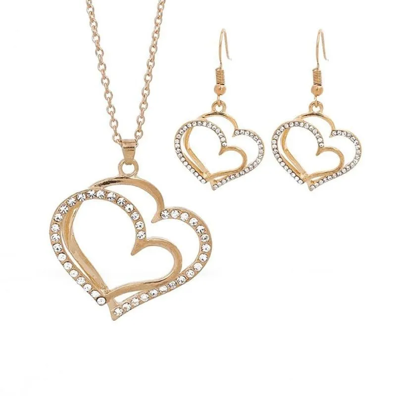 Luxury Double Heart Jewelry Set For Women Wedding Gold Jewelry