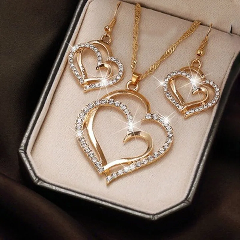 Luxury Double Heart Jewelry Set For Women Wedding Gold Jewelry