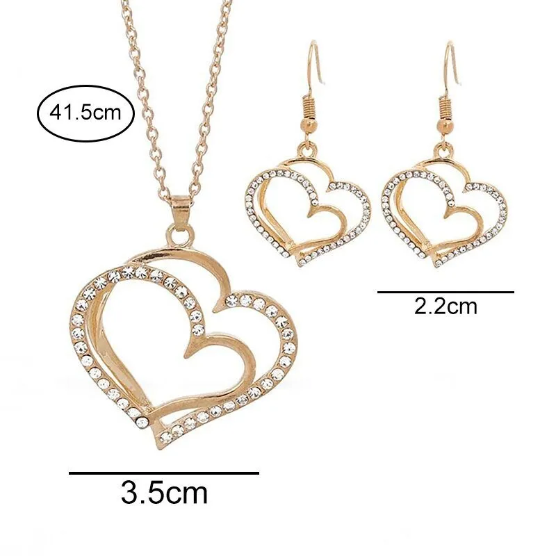 Luxury Double Heart Jewelry Set For Women Wedding Gold Jewelry