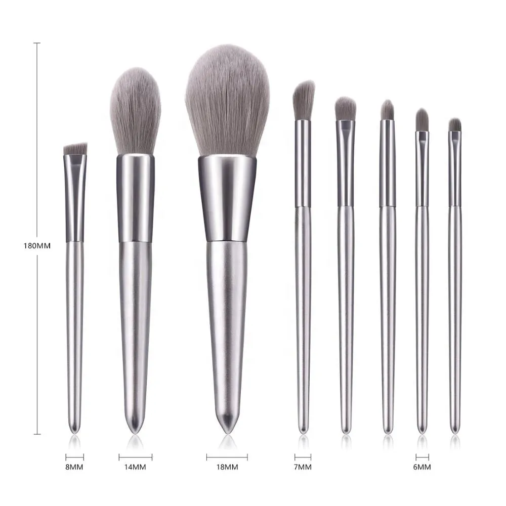 Make-up Brushes Silver Handle Gray Vegan Hair  Eyeshadow Cosmetic Kit