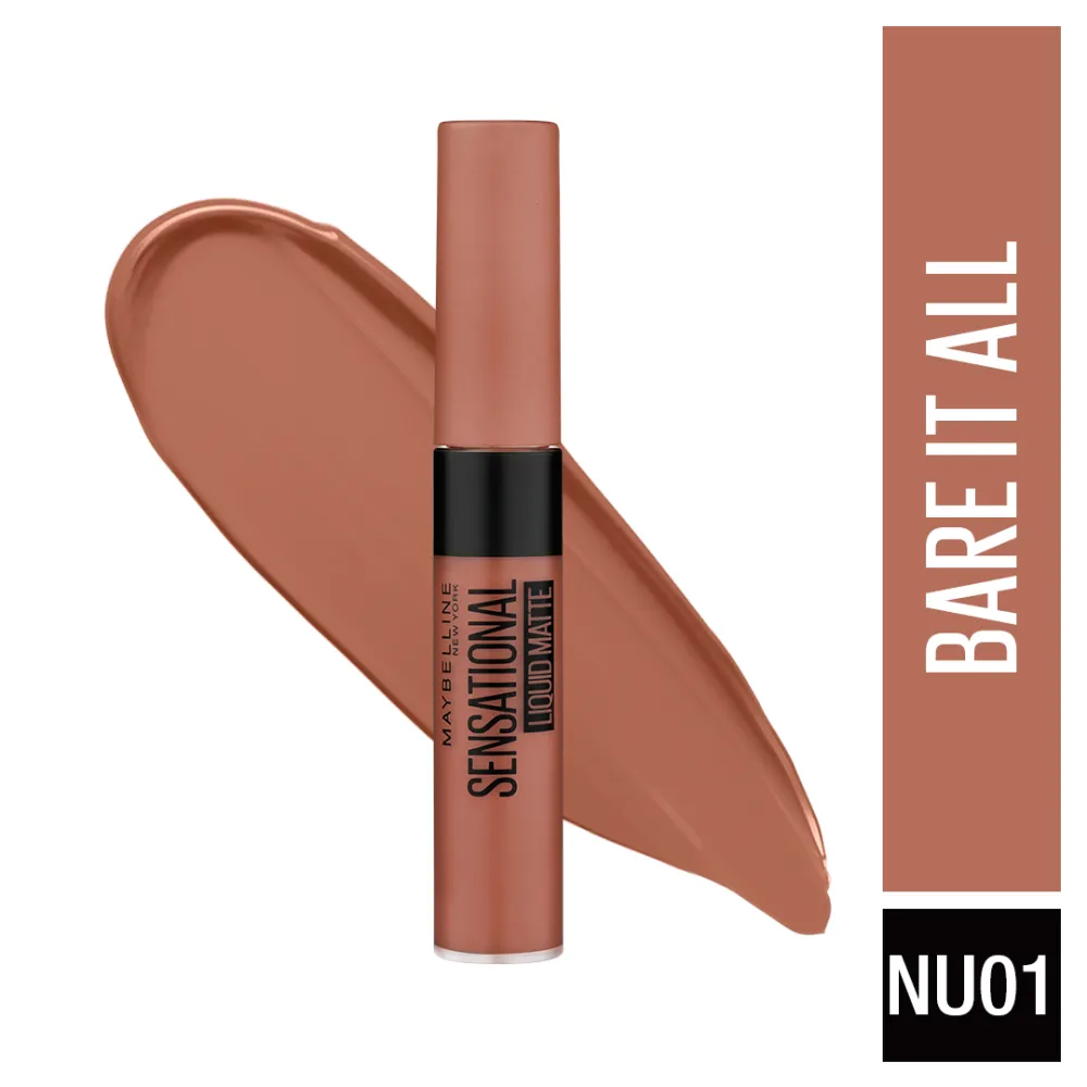 Maybelline New York Sensational Liquid Matte Lipstick, NU01 Bare It All, 7ml - Liquid Lipstick Shades Delivering Intense Matte Color Effect