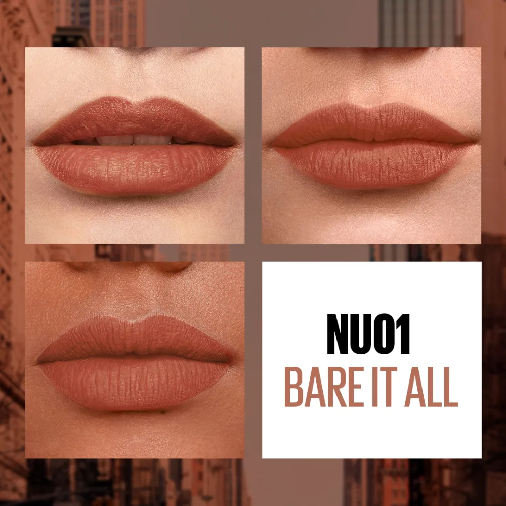 Maybelline New York Sensational Liquid Matte Lipstick, NU01 Bare It All, 7ml - Liquid Lipstick Shades Delivering Intense Matte Color Effect