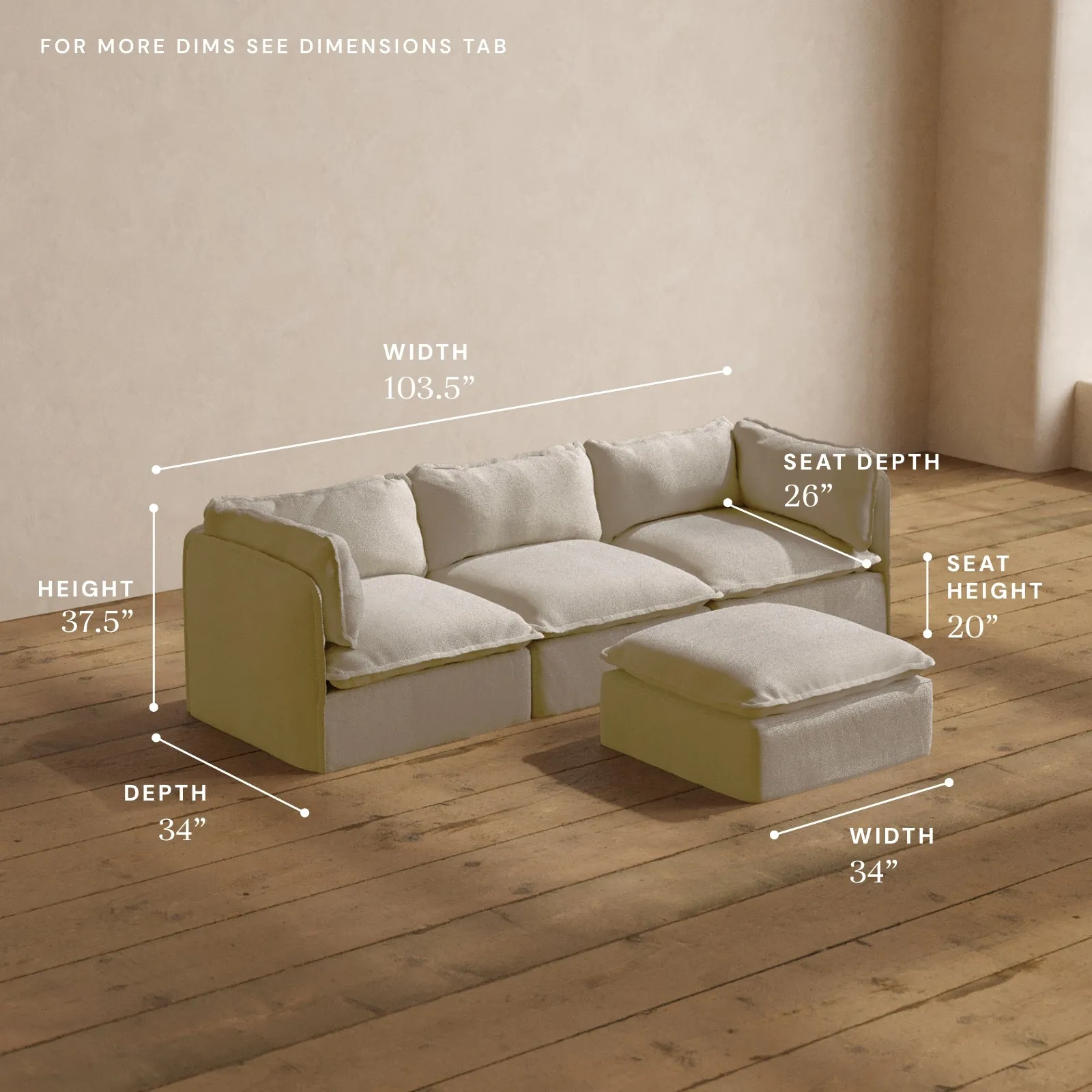 Modular Washable 3-Seater   Ottoman in Powder | Deluxe  Seat | Contour Pillow
