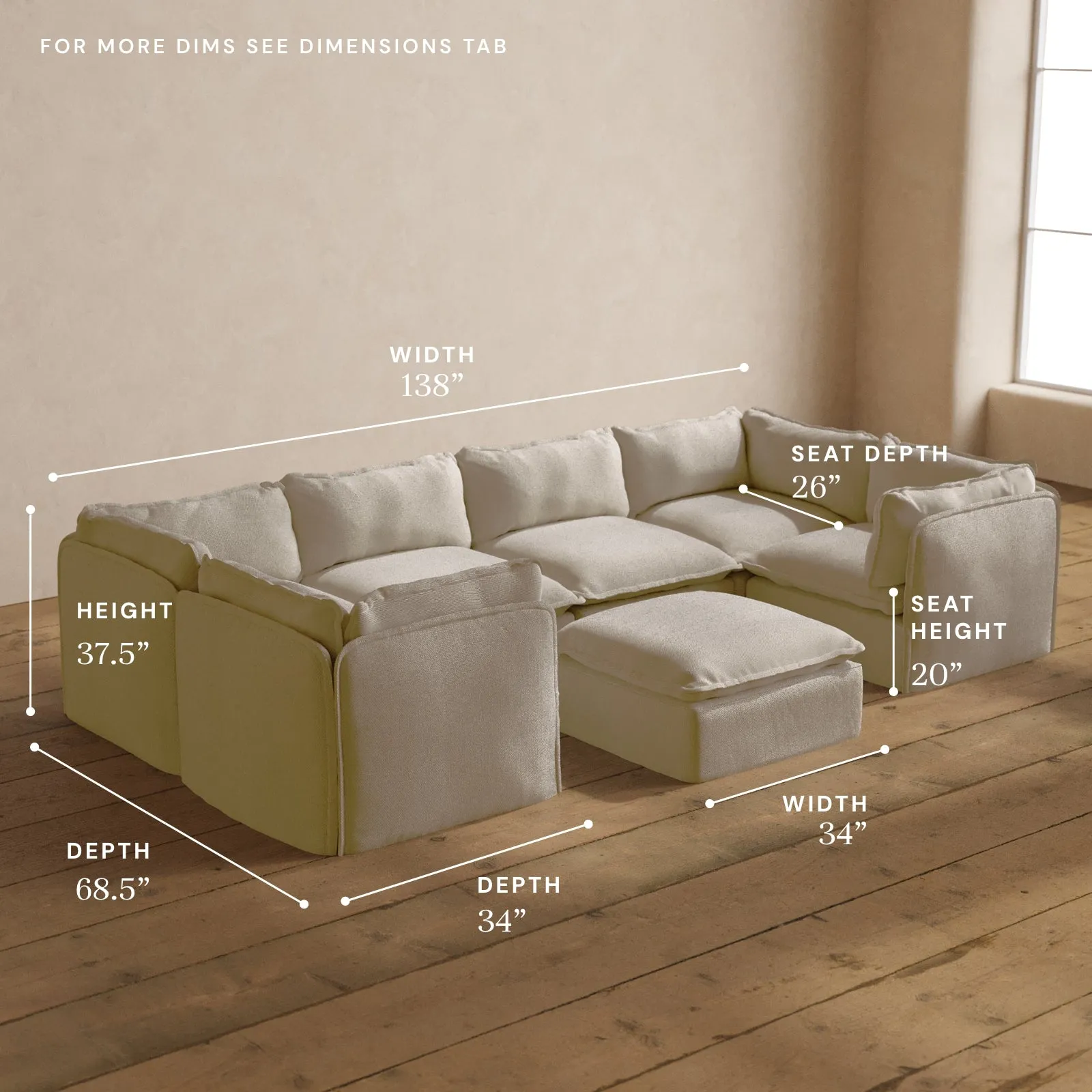 Modular Washable 6-Seater U-Sectional   Ottoman in Powder | Memorix  Seat | Contour Pillow