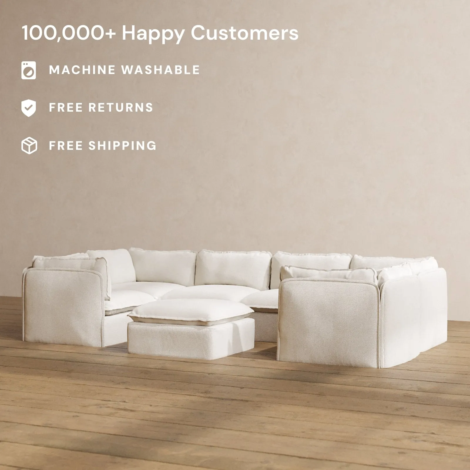 Modular Washable 6-Seater U-Sectional   Ottoman in Powder | Memorix  Seat | Contour Pillow