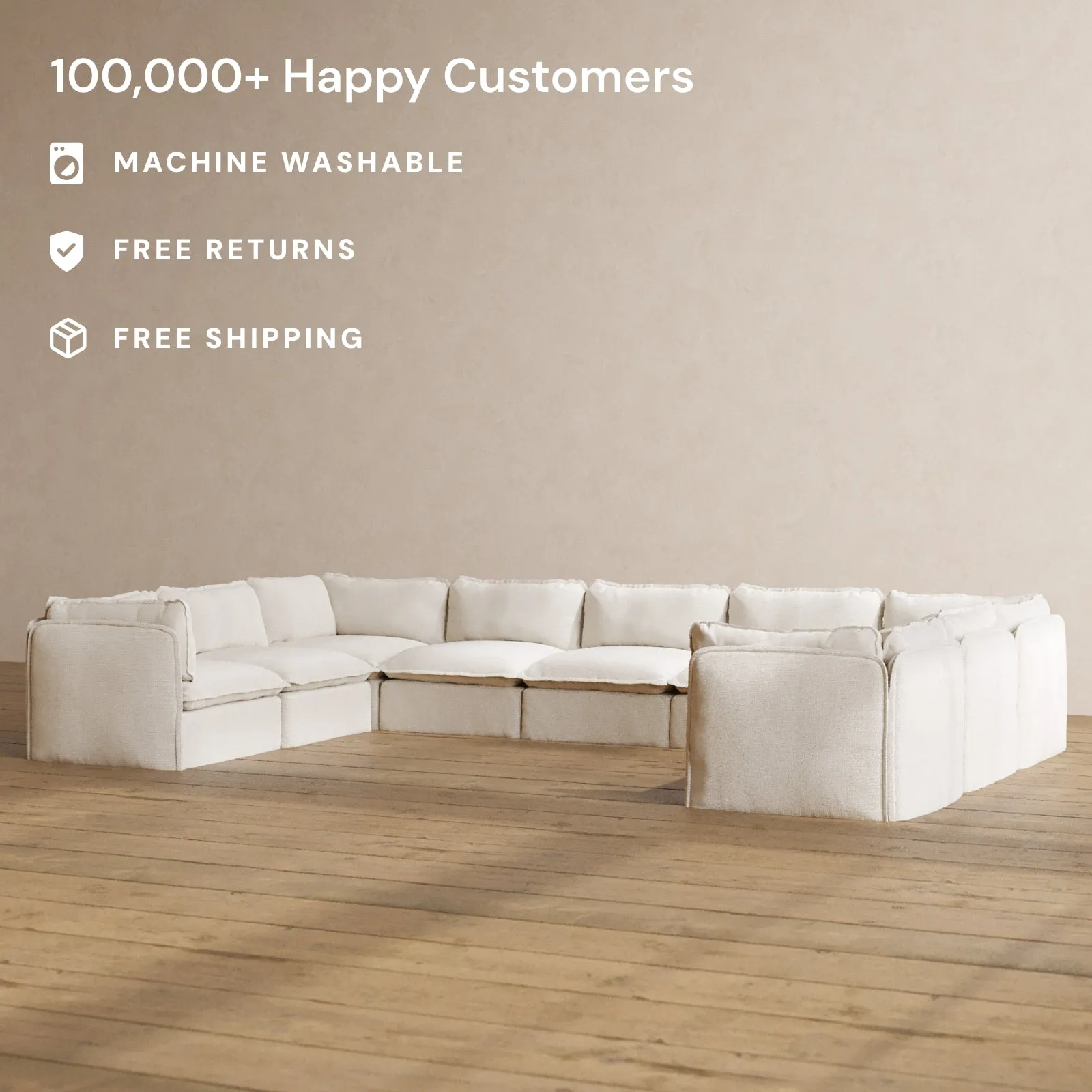 Modular Washable 9-Seater U-Sectional in Powder | Deluxe  Seat | Contour Pillow